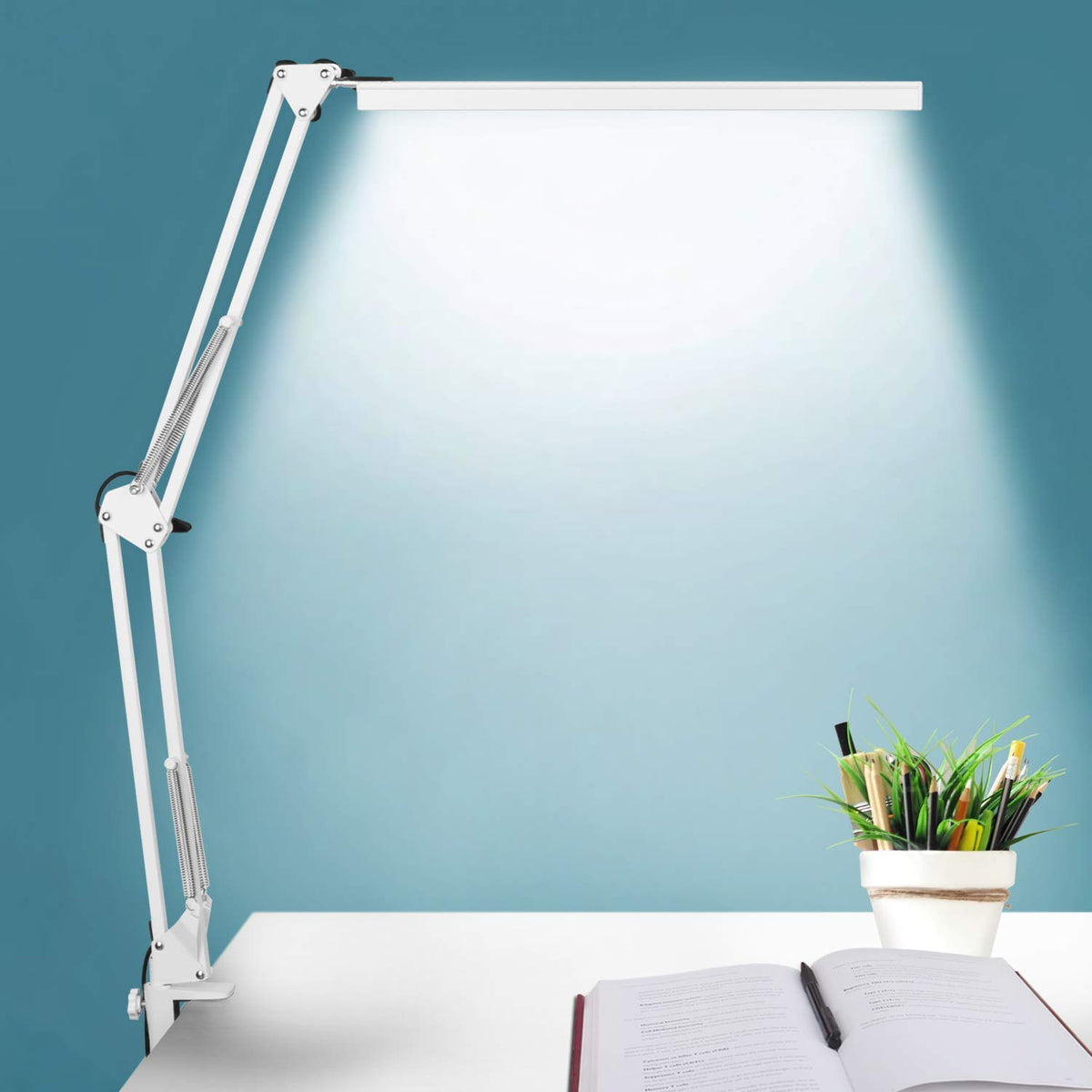 BZBRLZ LED Desk Lamp on a neat desk delivers bright, even task lighting.