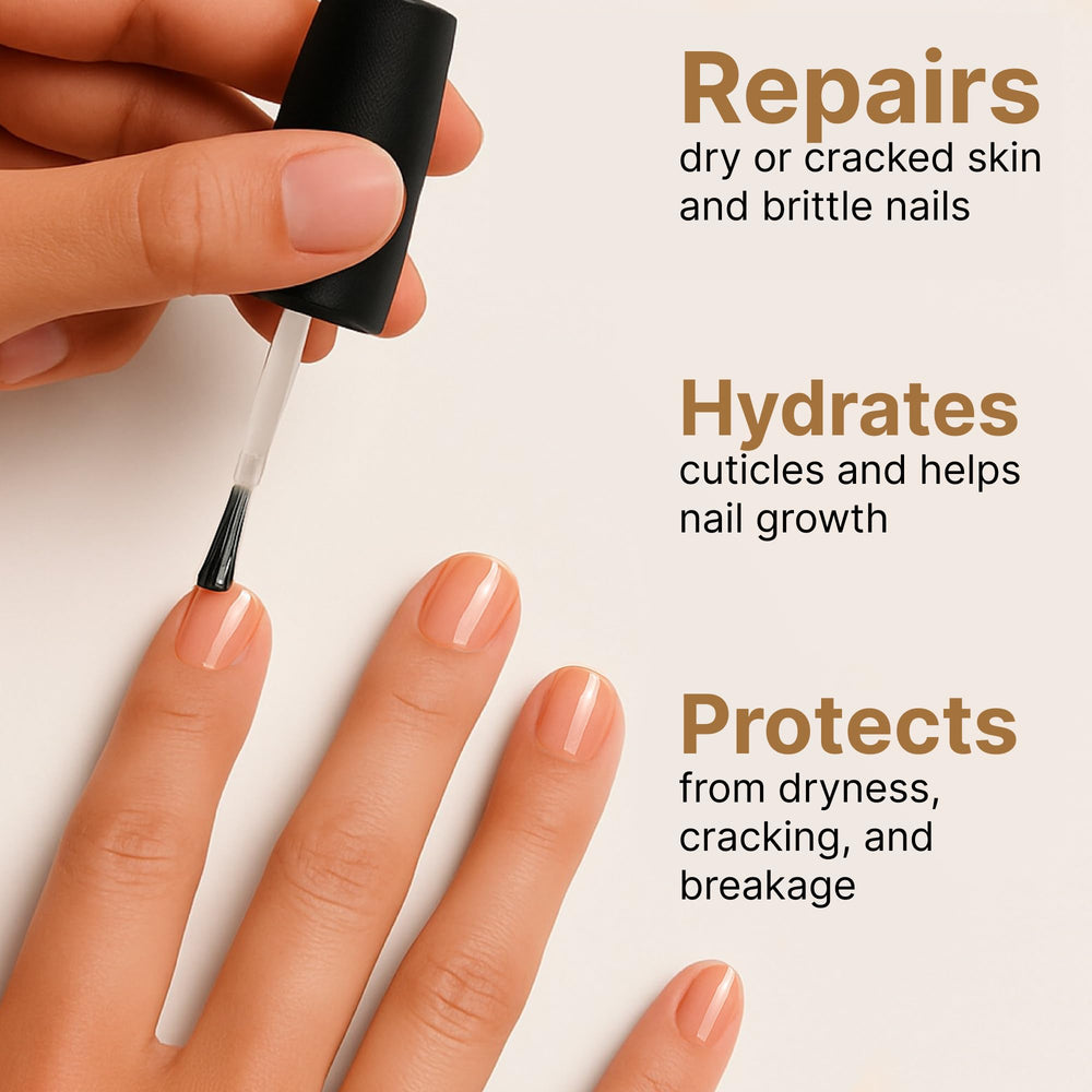 C CARE Vanilla & Sugar cuticle oil brush applying to nails for smooth hydration.
