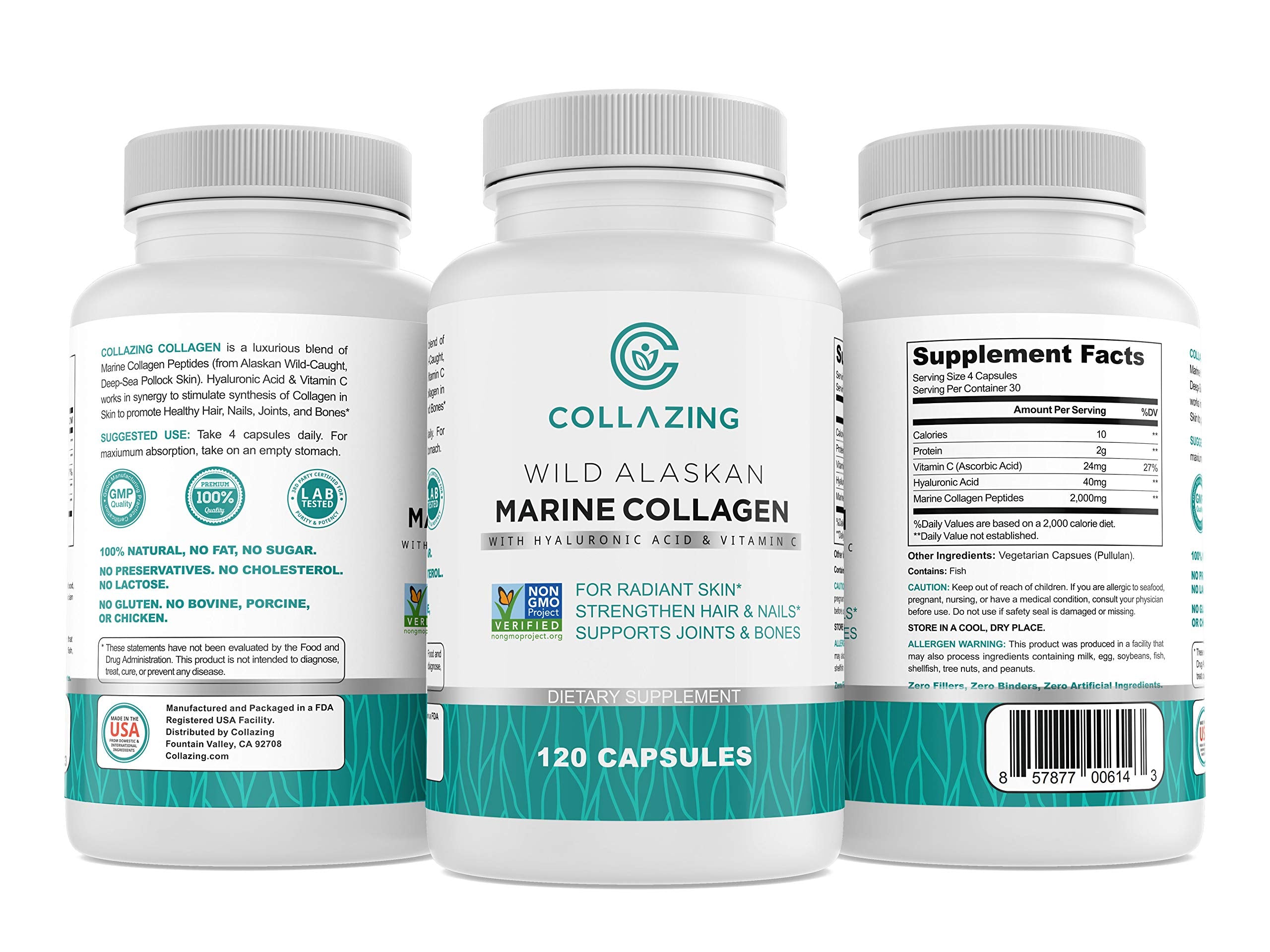 C COLLAZING marine collagen bottle showing wild-caught sourcing for daily use