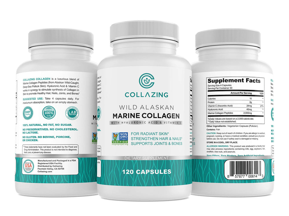 C COLLAZING marine collagen bottle showing wild-caught sourcing for daily use
