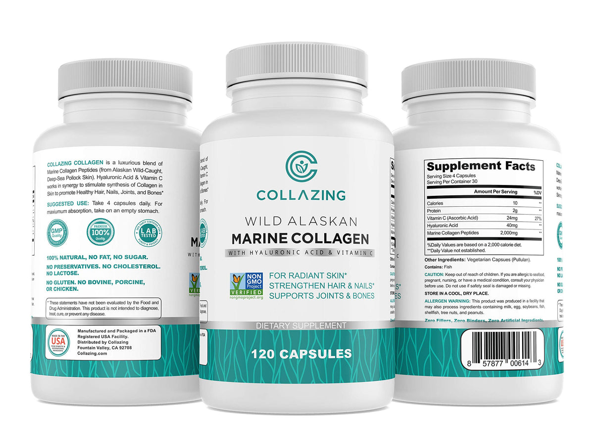 C COLLAZING marine collagen bottle showing wild-caught sourcing for daily use