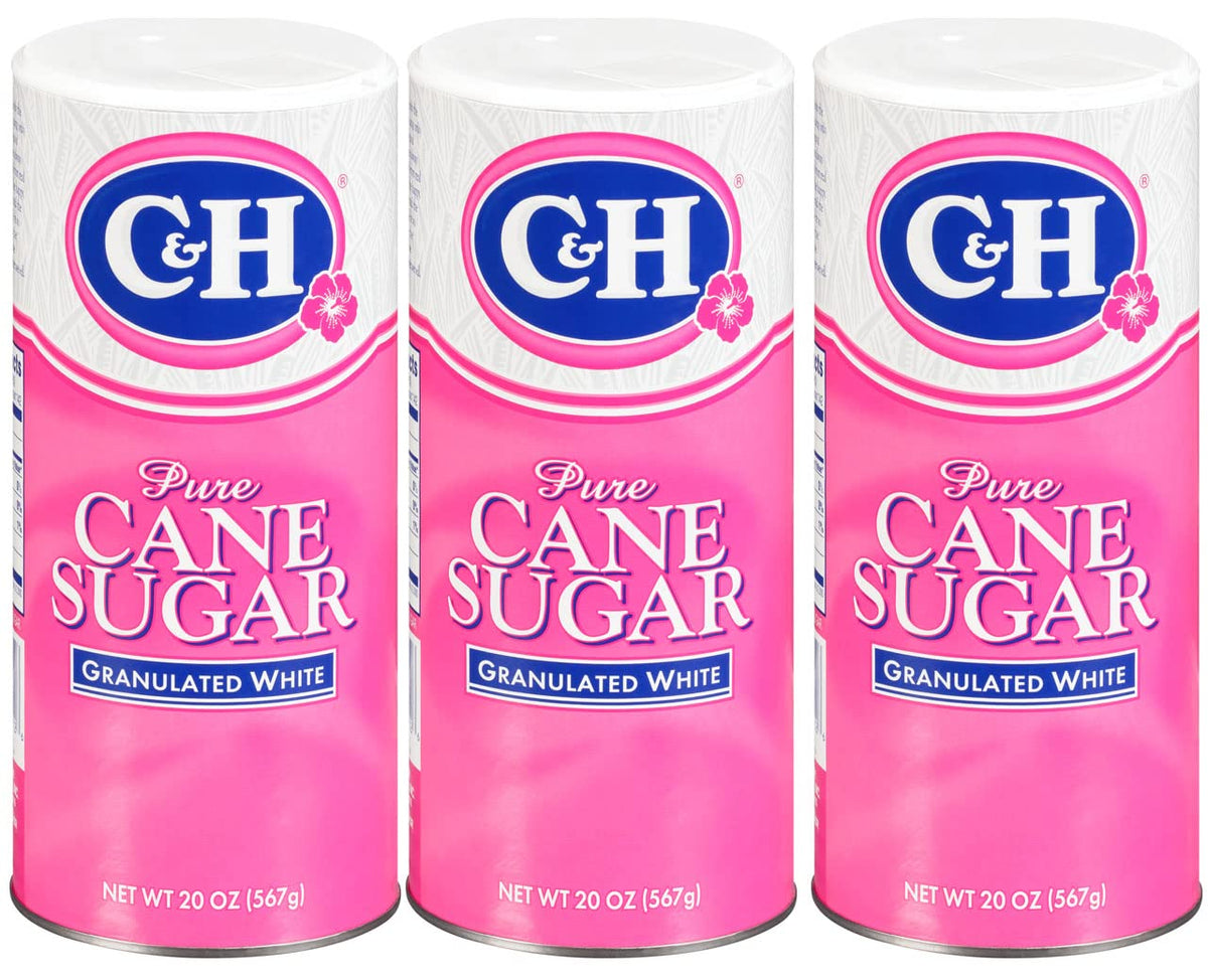 C&amp;H Granulated Sugar 20oz canister front view with easy-pour design for mess-free sweetening.