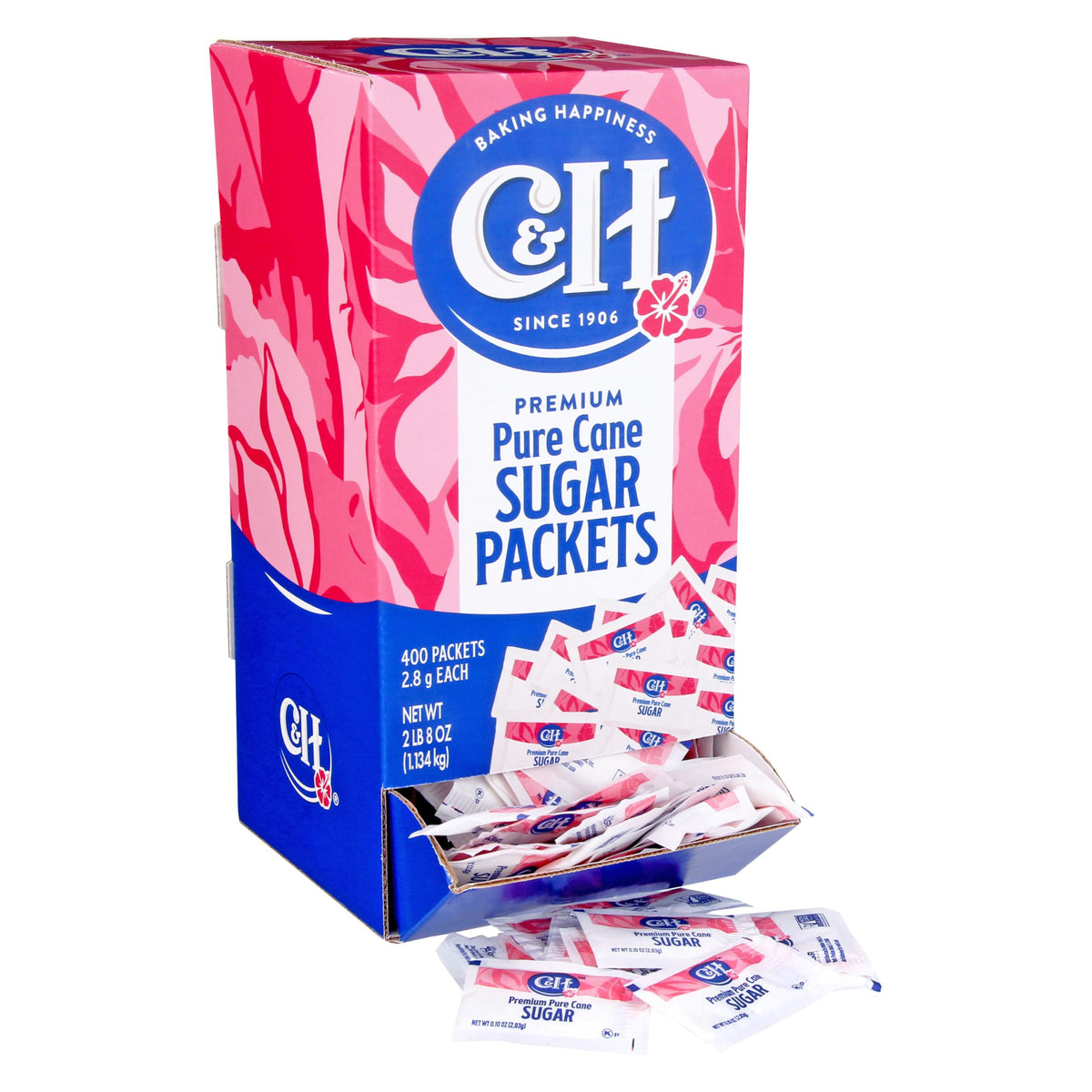 C&H premium cane sugar packets in dispenser box front for quick sweetening