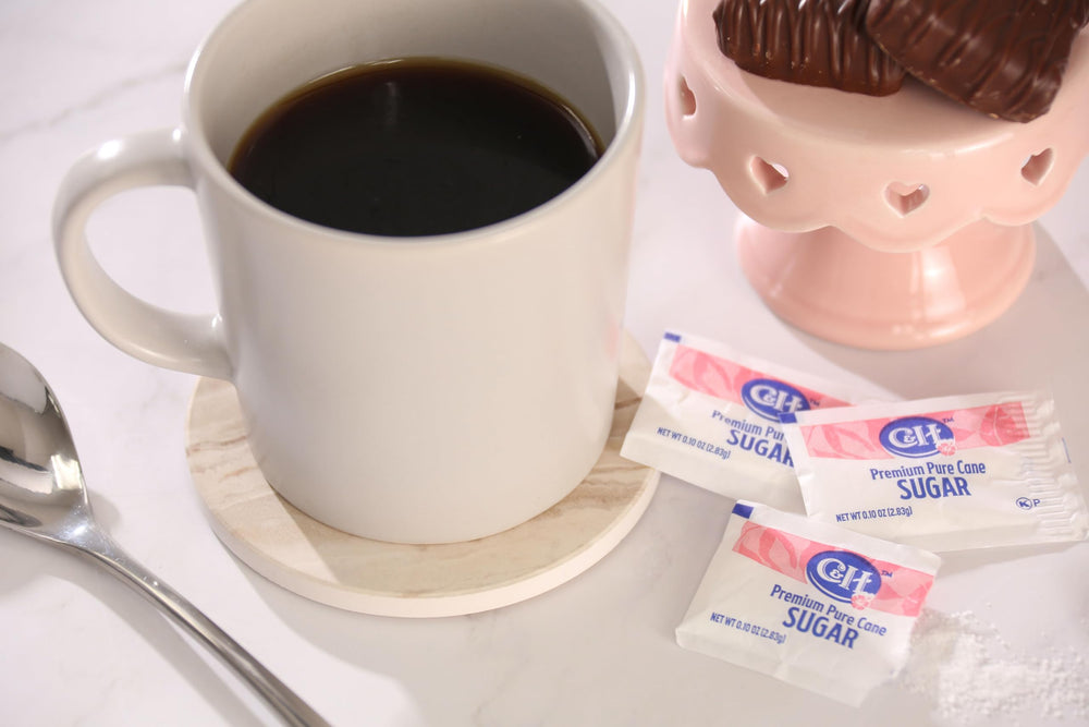 C&H sugar packets in use at a coffee shop for quick beverages