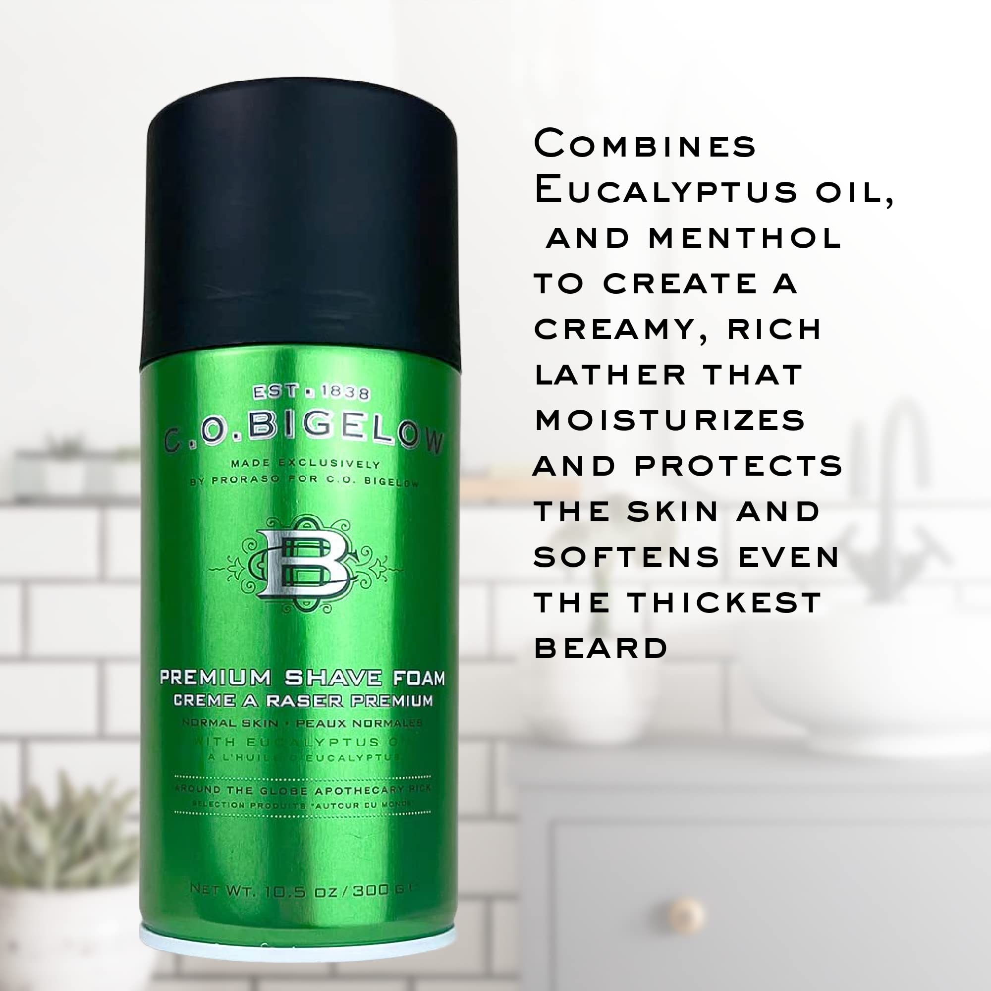 C.O. Bigelow Shaving Foam application on cheek prepares skin for shaving