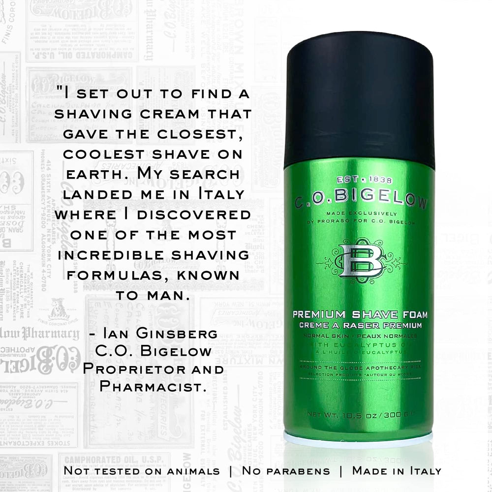 C.O. Bigelow Shaving Foam packaging highlights premium ingredients