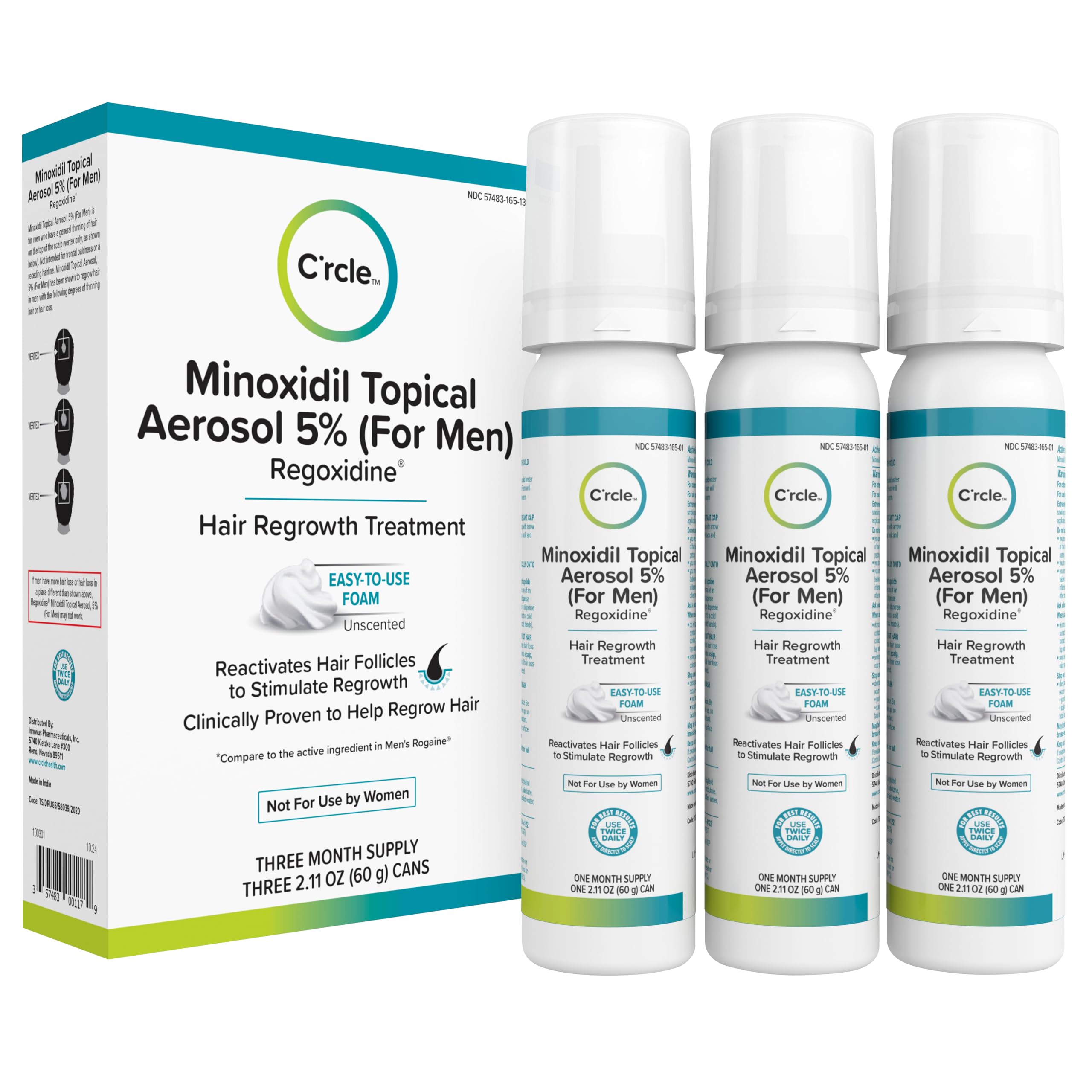 C'rcle Minoxidil 5% foam bottle pour for precise daily dosing.