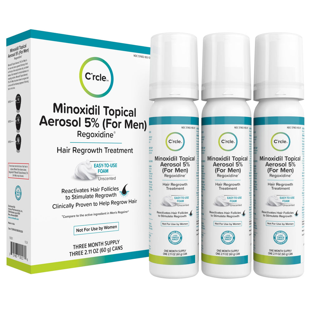 C'rcle Minoxidil 5% foam bottle pour for precise daily dosing.