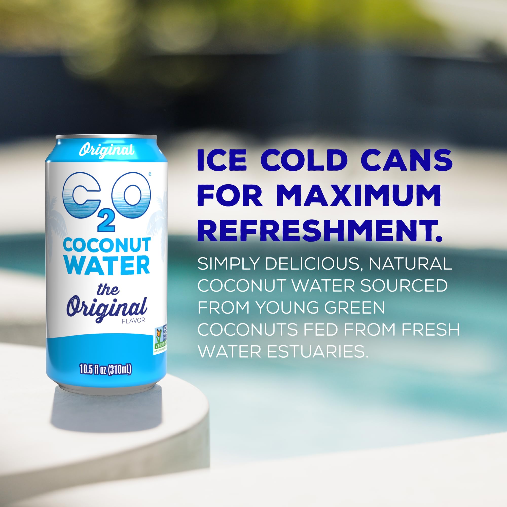 C2O coconut water being poured into a glass, refreshing and naturally flavored.