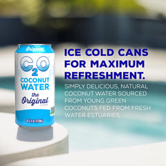 C2O coconut water being poured into a glass, refreshing and naturally flavored.