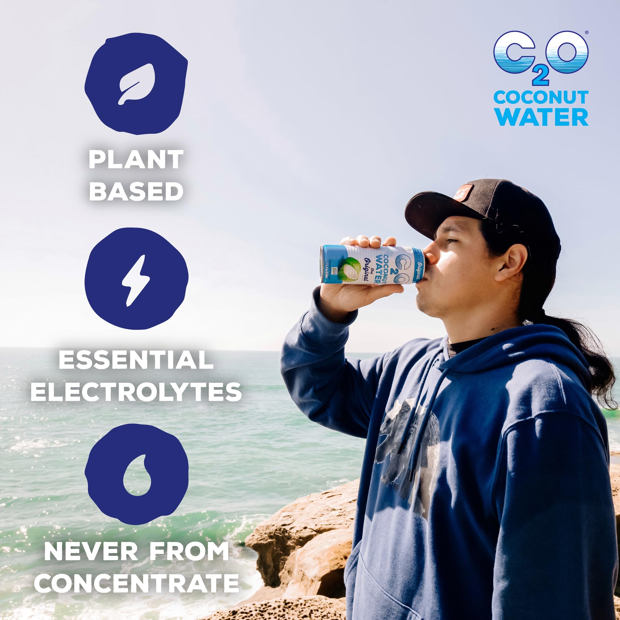 C2O Original Coconut Water chilled glass with ice highlights crisp flavor