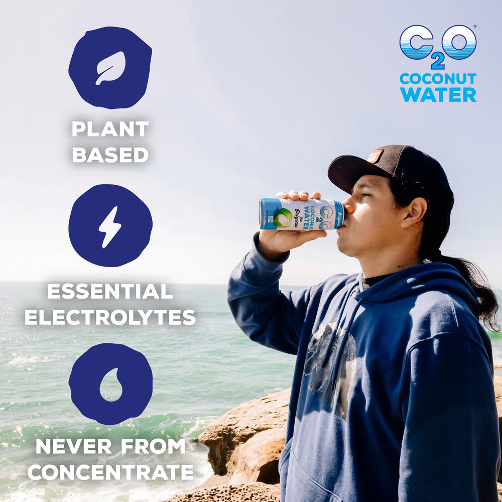 C2O Original Coconut Water chilled glass with ice highlights crisp flavor