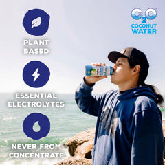 C2O Original Coconut Water chilled glass with ice highlights crisp flavor