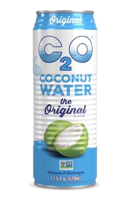 C2O Original Coconut Water label close-up shows natural ingredients