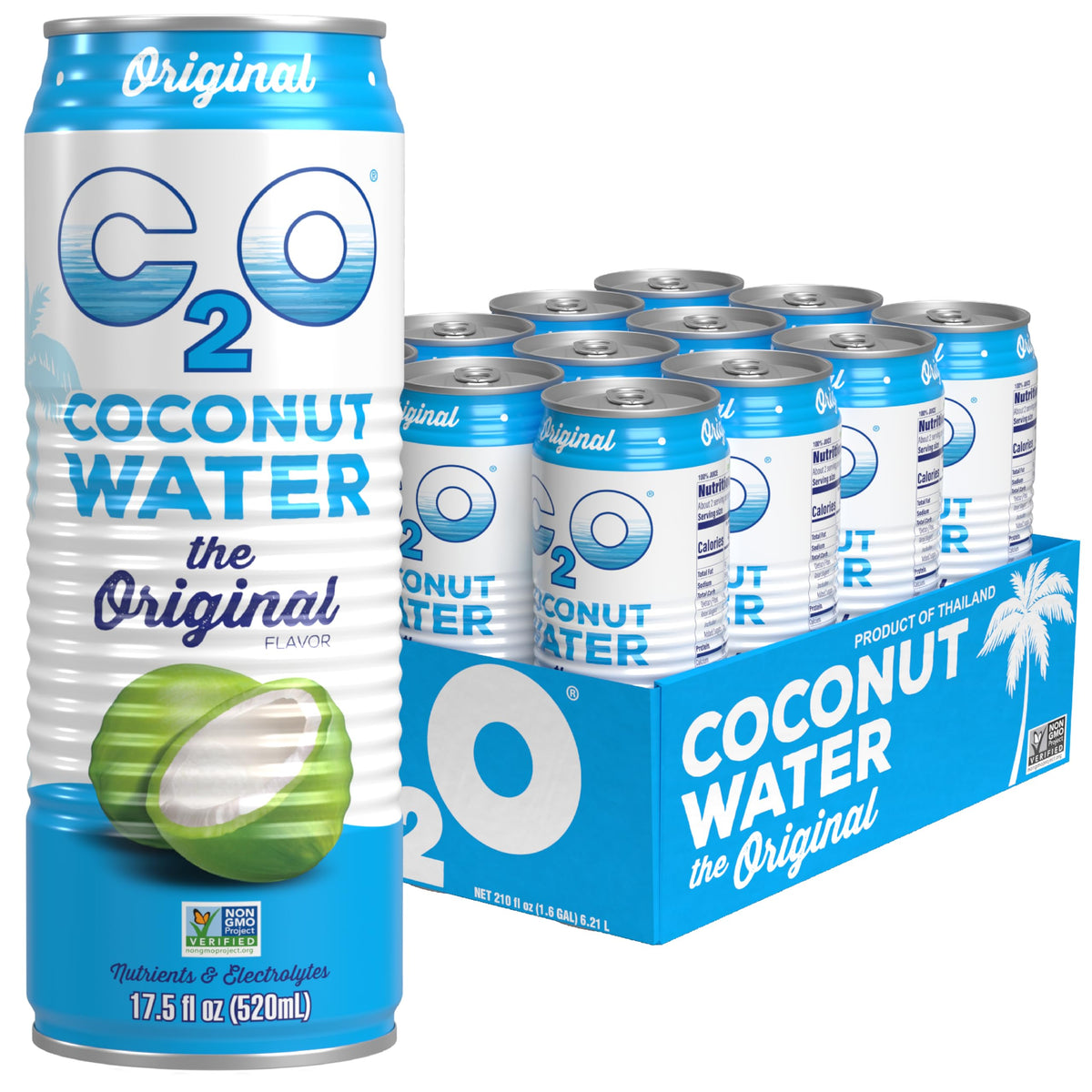 C2O Original Coconut Water pack of 12 front view for convenient hydration