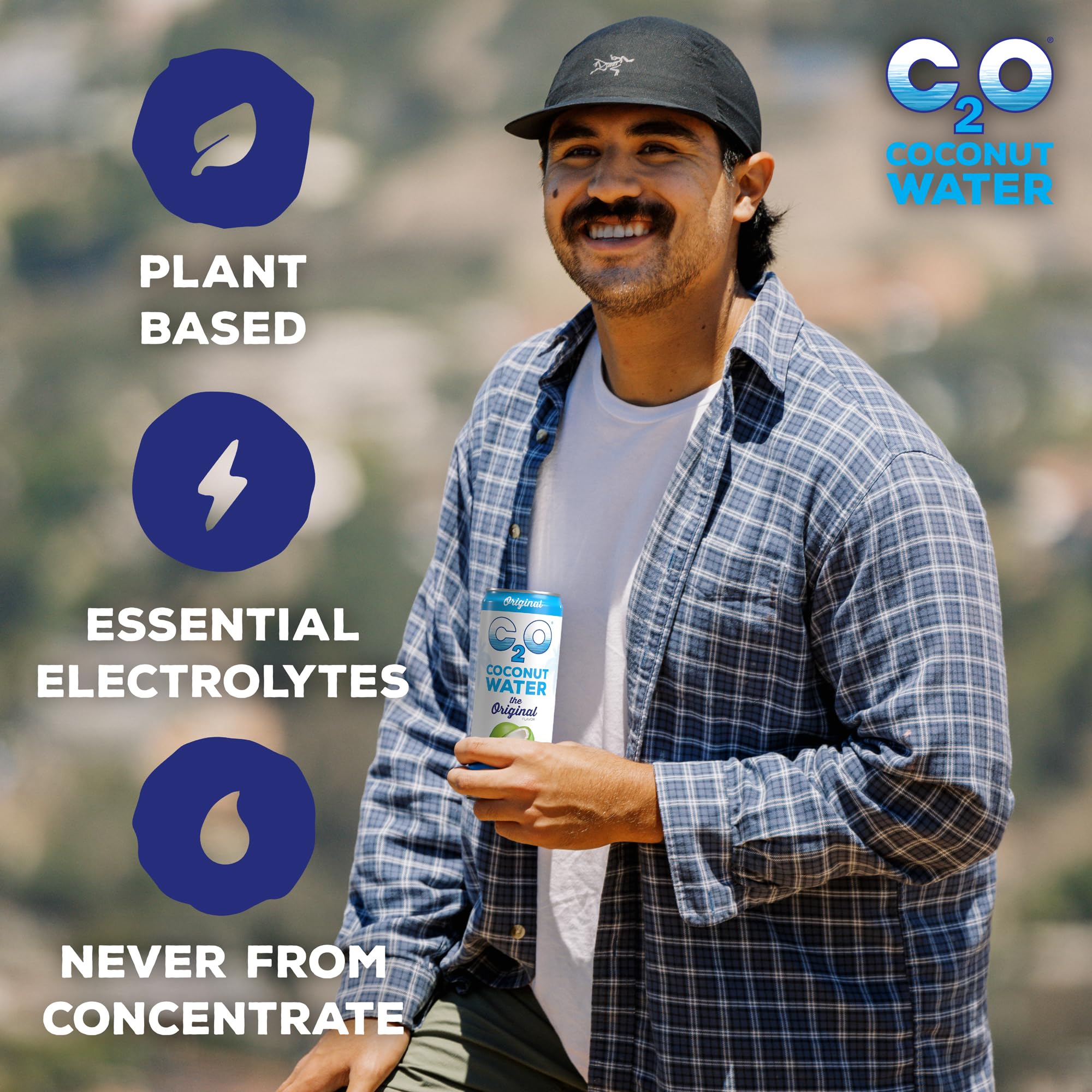 C2O coconut water label highlights real coconut water, no artificial ingredients.