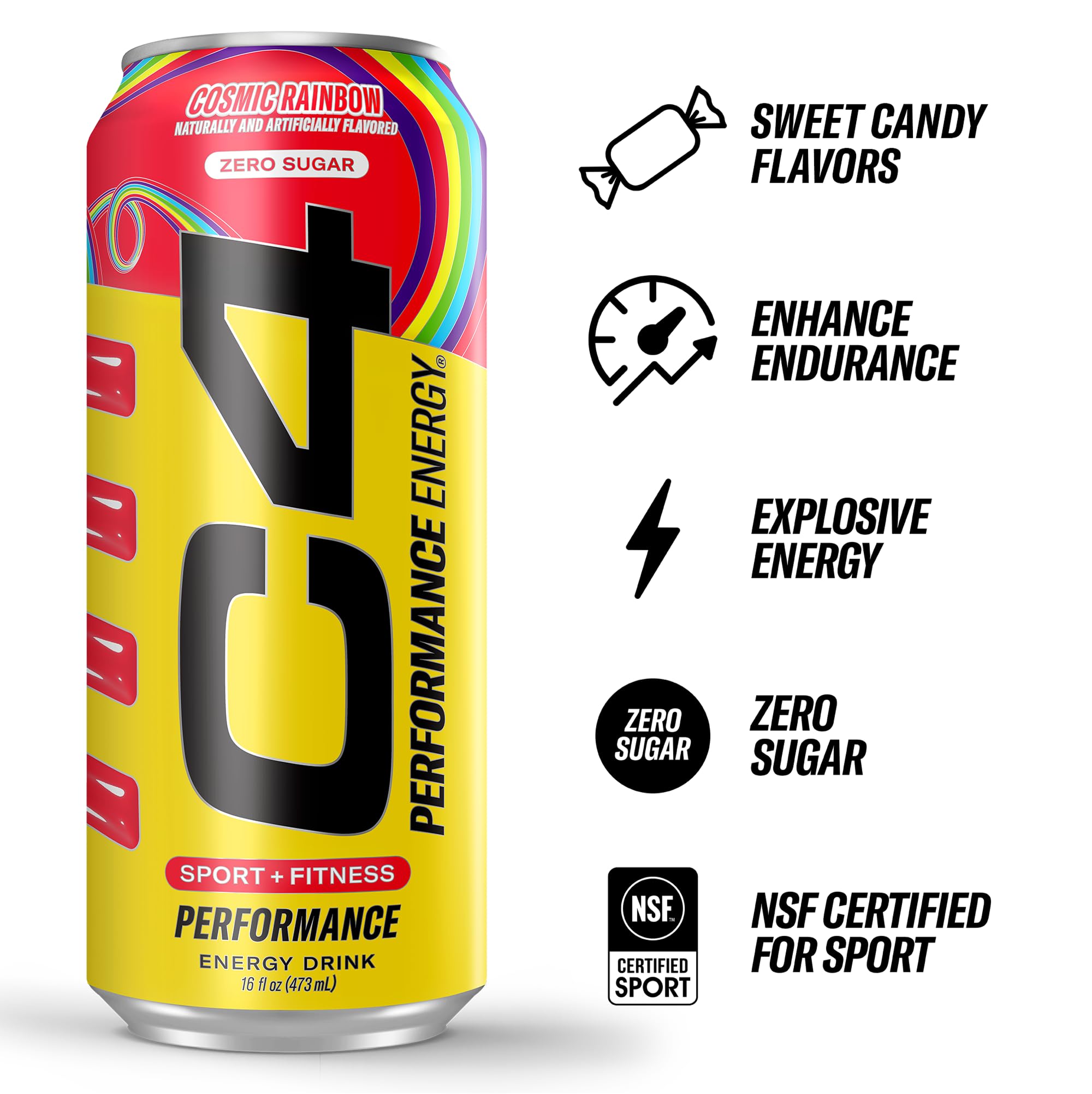 Graphic highlighting 200 mg caffeine in C4 Performance Energy Drink Cosmic Rainbow.