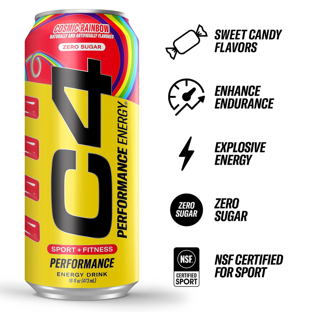 Graphic highlighting 200 mg caffeine in C4 Performance Energy Drink Cosmic Rainbow.