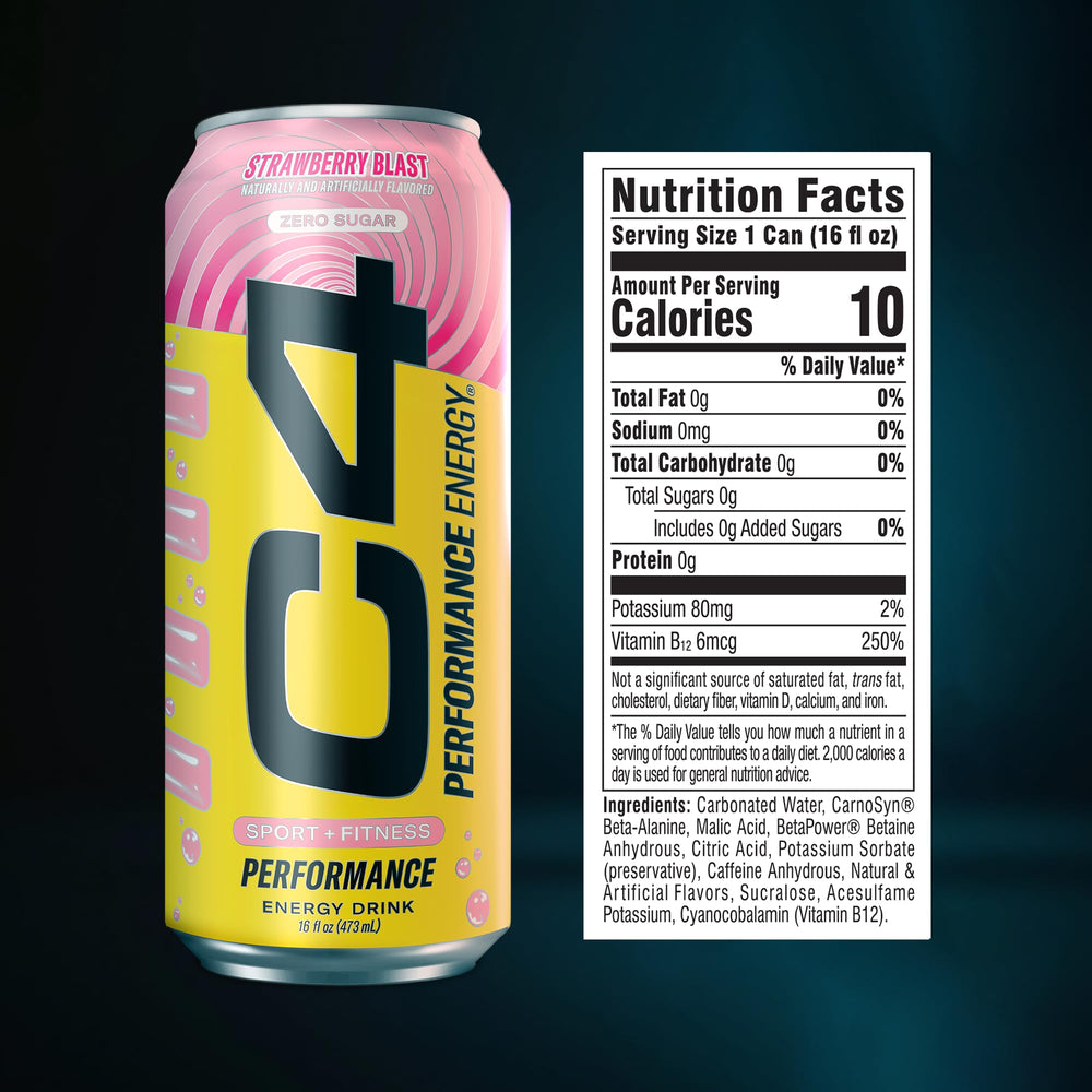 C4 Strawberry Blast label closeup emphasizes flavor and clean ingredient promise.