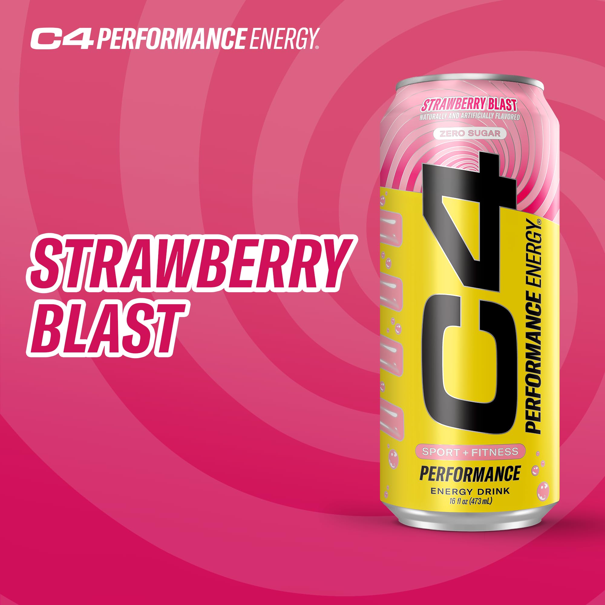C4 Strawberry Blast zero sugar graphic communicates guilt-free flavor and hydration-friendly choice.