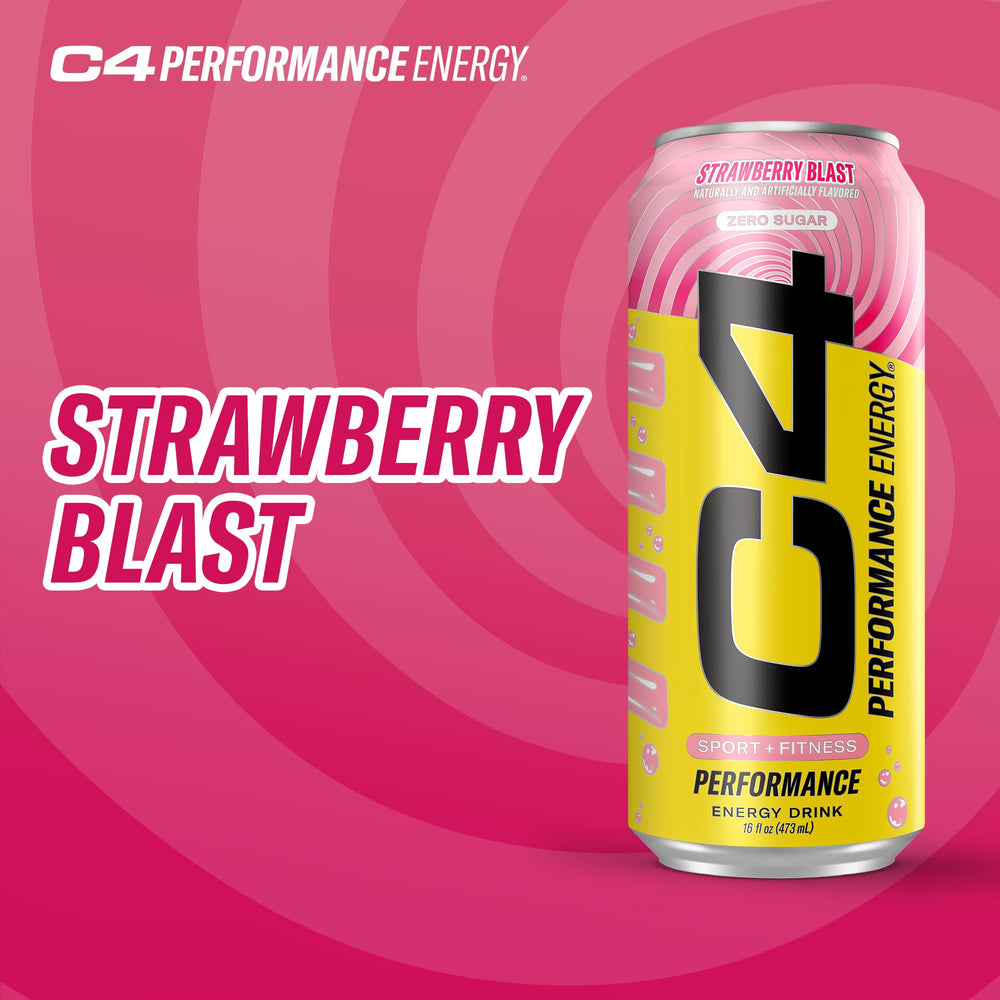 C4 Strawberry Blast zero sugar graphic communicates guilt-free flavor and hydration-friendly choice.