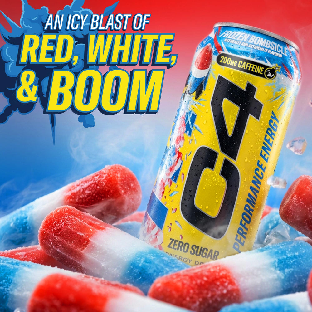 C4 Energy cans with athletic gear suggesting endurance and sustained energy.