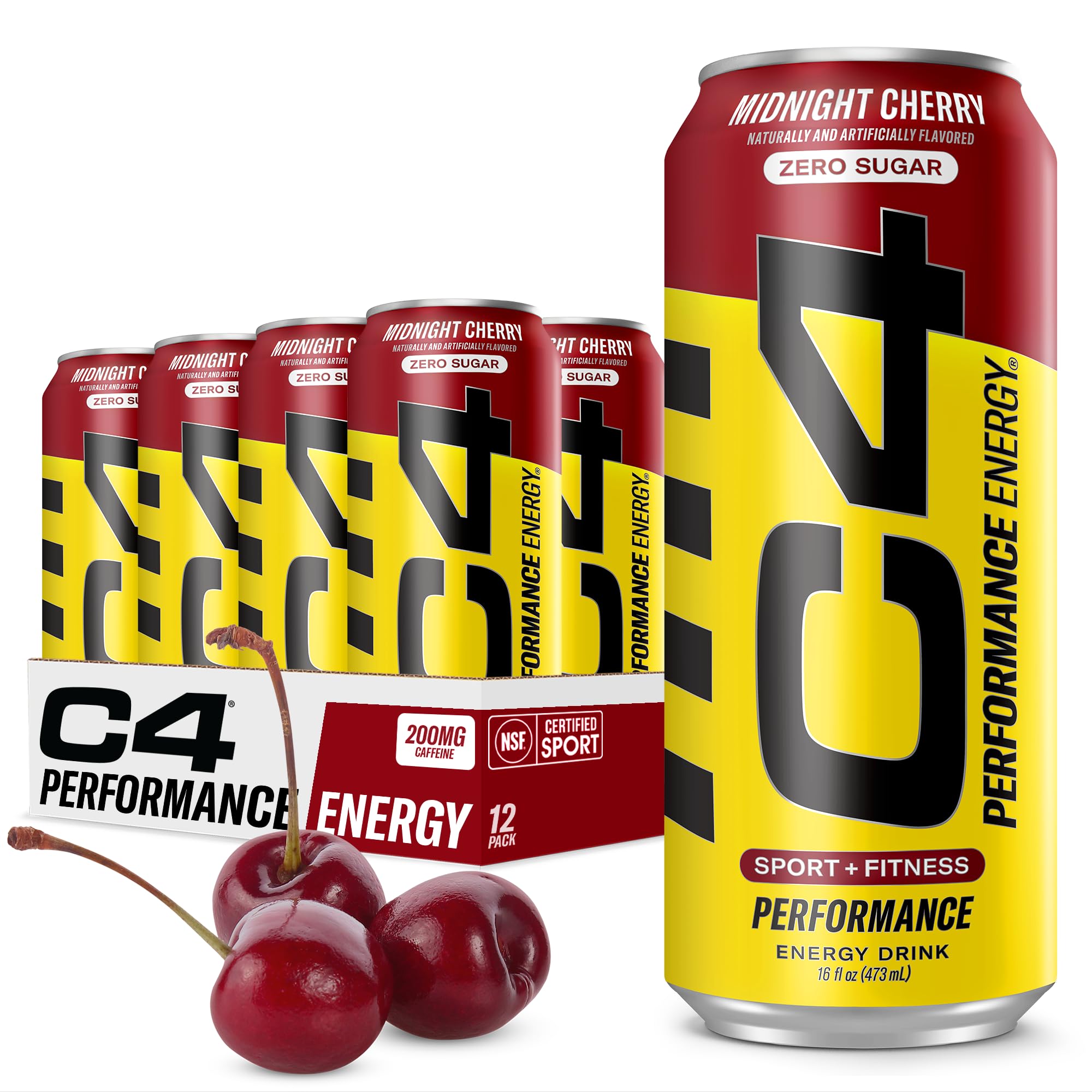 C4 Midnight Cherry energy drink can front view showing zero sugar formula