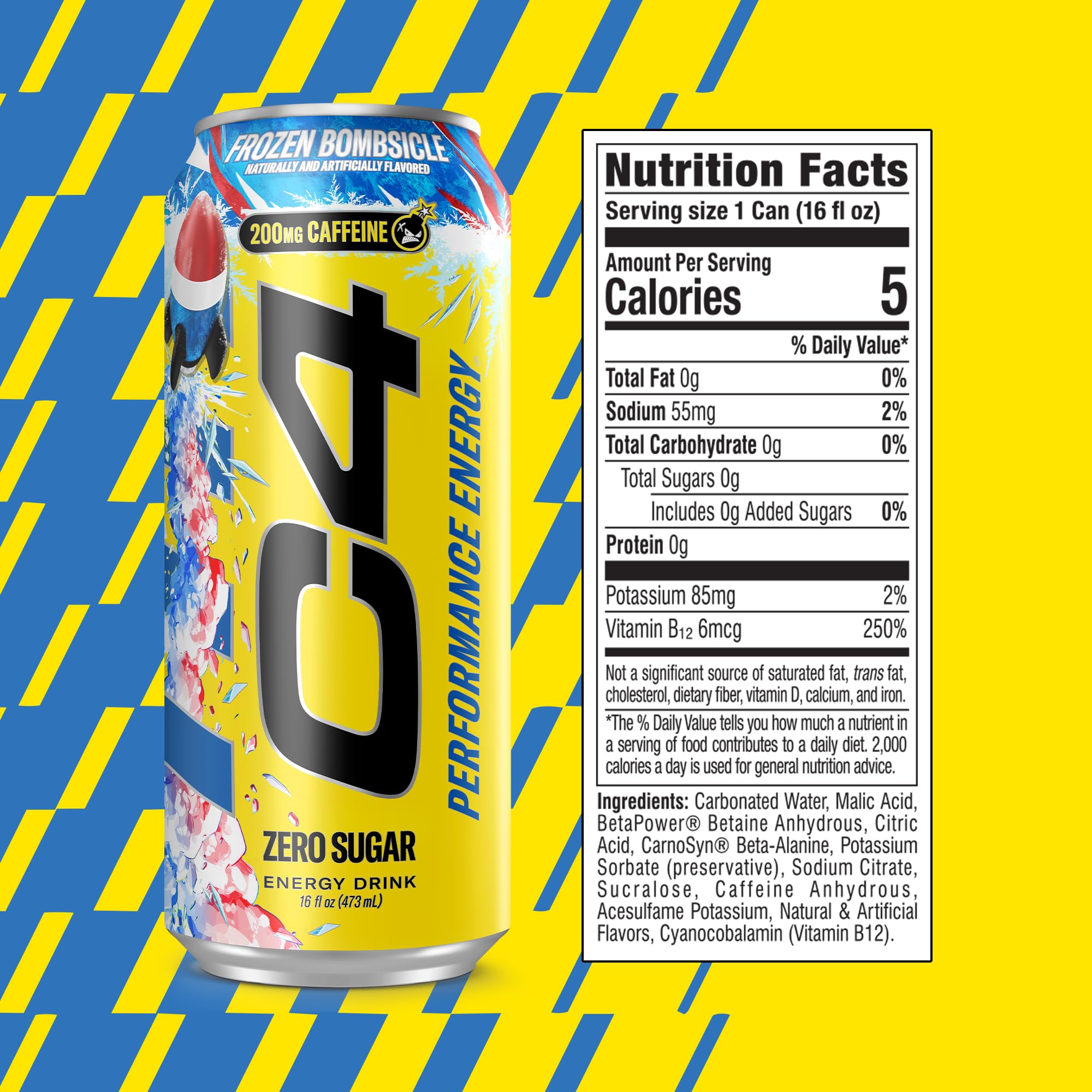 C4 Energy Frozen Bombsicle can side view highlighting bold flavor and zero sugar.