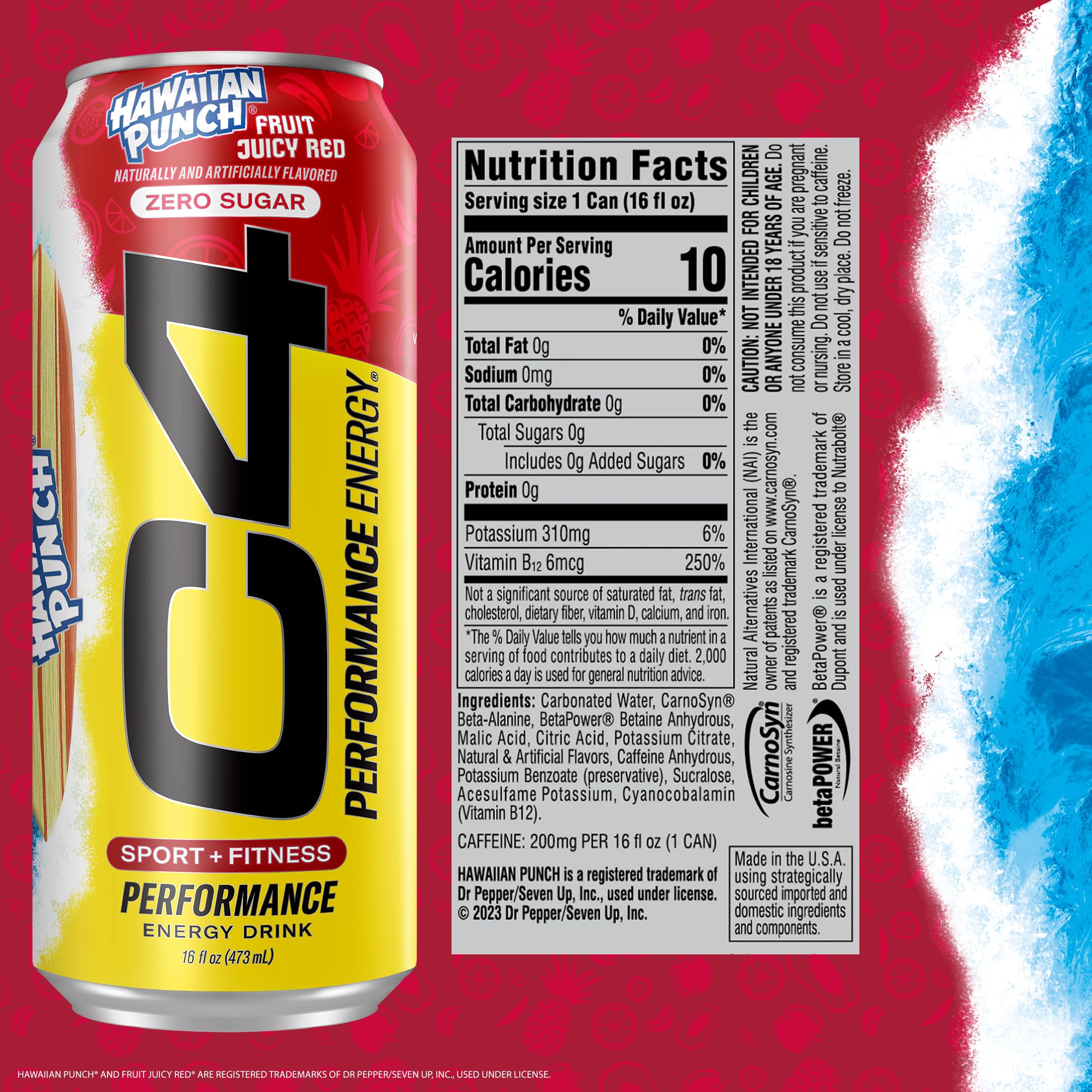 C4 Energy Hawaiian Punch can-side angle emphasizes 200mg caffeine for sustained performance