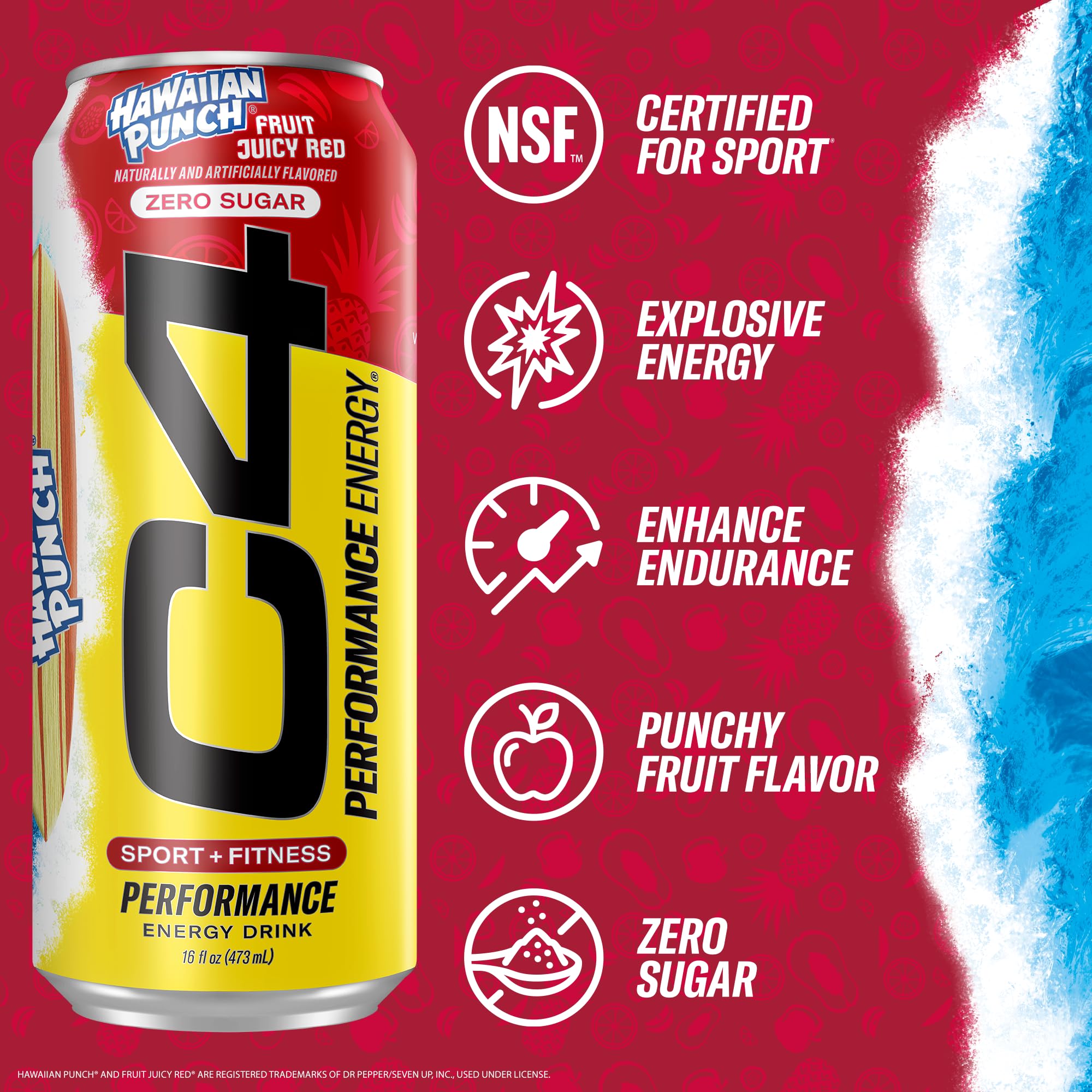 C4 Energy Hawaiian Punch label-closeup highlights zero sugar and no artificial colors