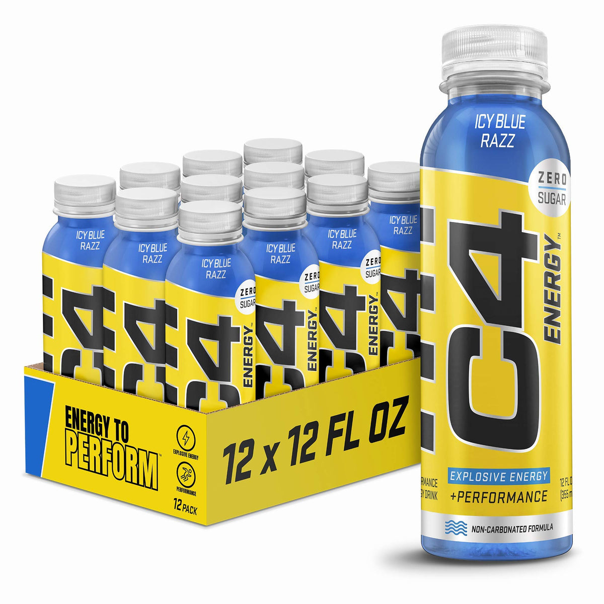 C4 Energy Icy Blue Razz bottle shows portable pre-workout energy on the go.