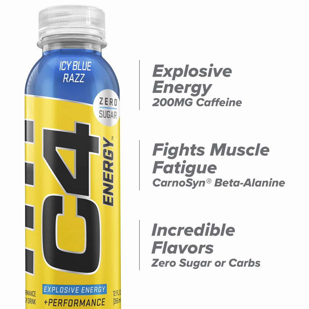 C4 Energy Icy Blue Razz label close-up emphasizes CarnoSyn Beta-Alanine.