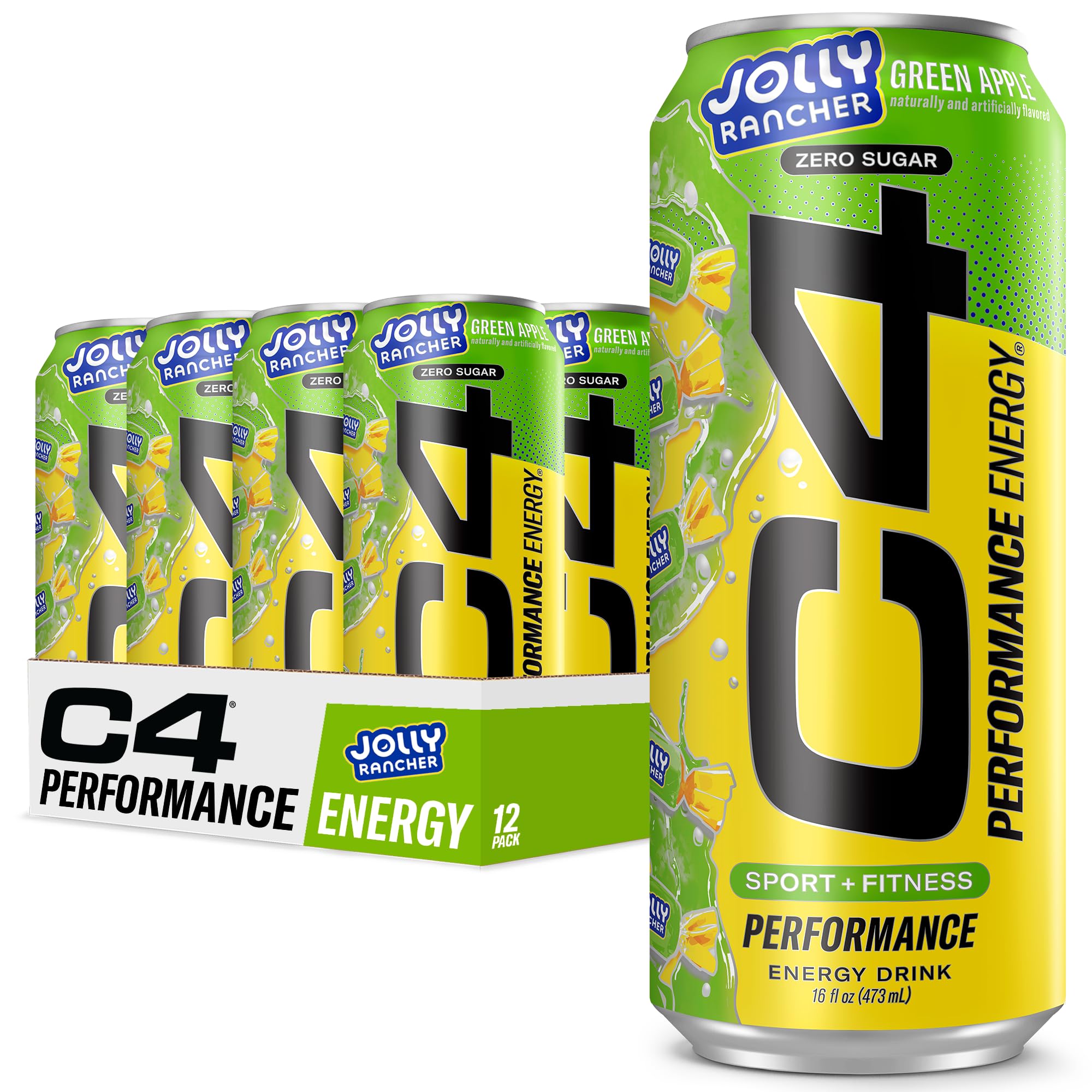C4 Energy Jolly Rancher Green Apple can displaying bold flavor and zero sugar advantages.