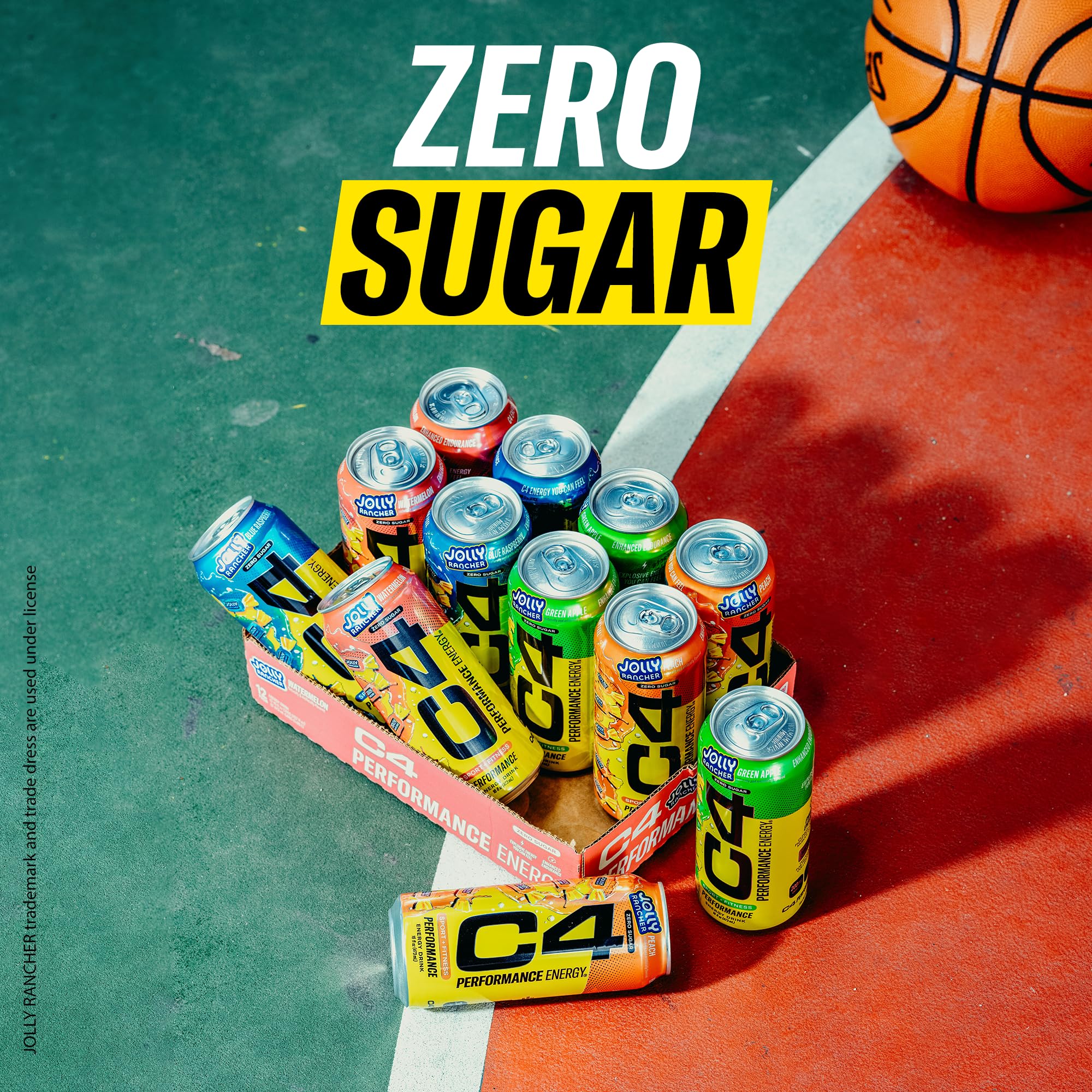 12-pack of C4 Energy Jolly Rancher Green Apple cans on display.