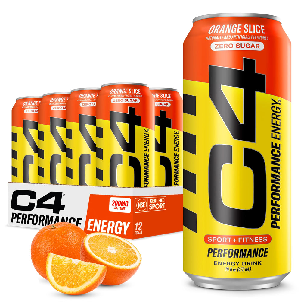 C4 Energy Orange Slice 16oz can front view highlights flavor and caffeine boost