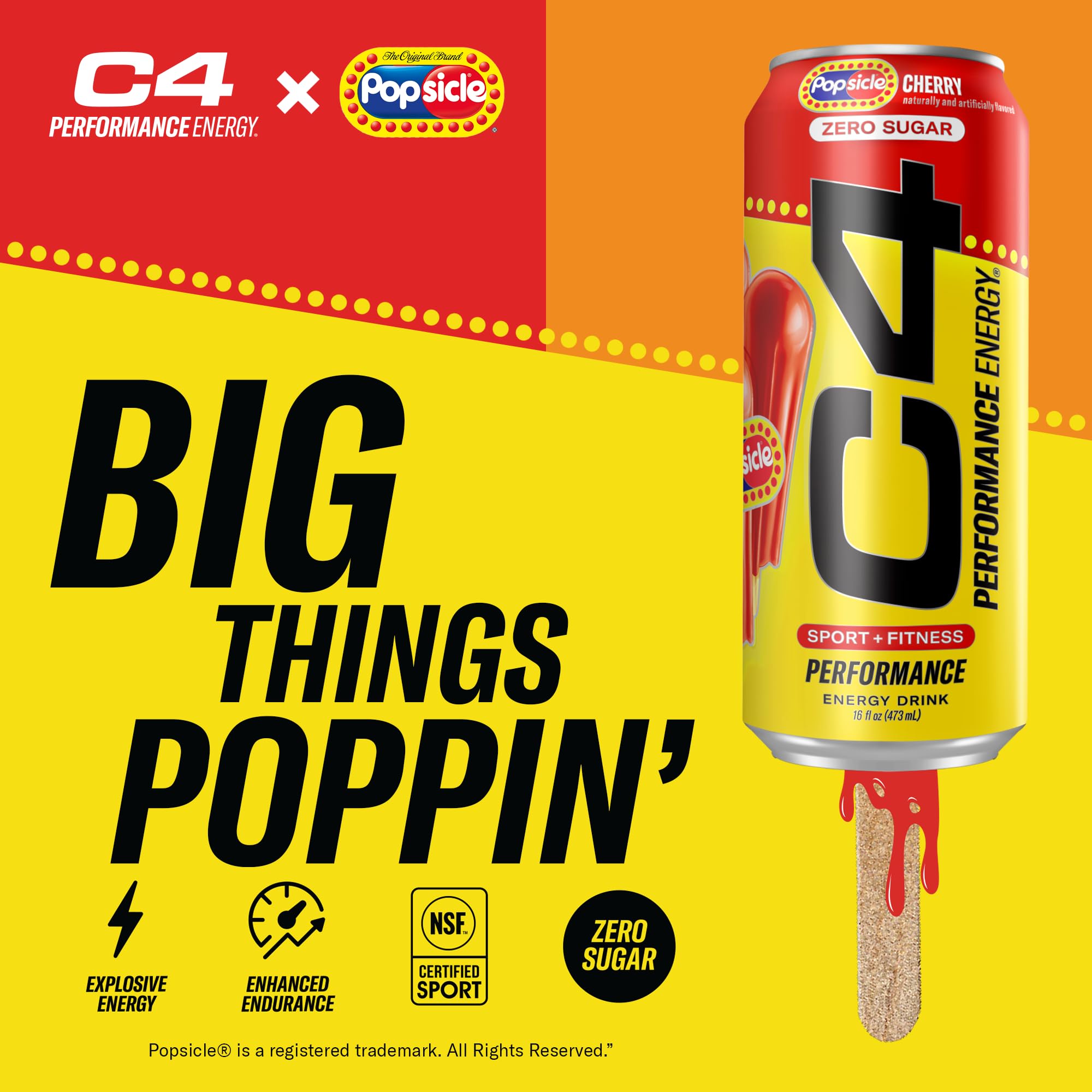 C4 Energy Popsicle Hawaiian pineapple vibrant color suggests tropical, sugar-free refreshment