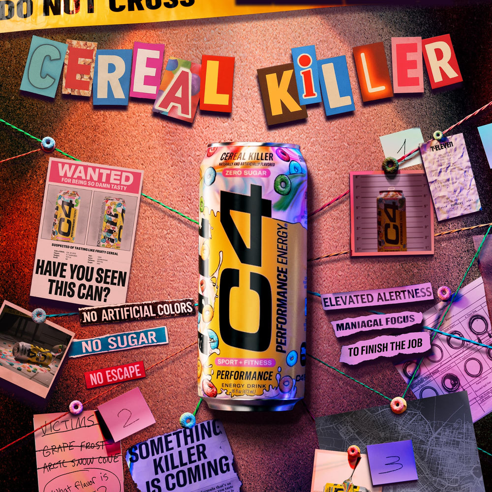 Bright shelf display of C4 Energy Cereal Killer branding catching attention.
