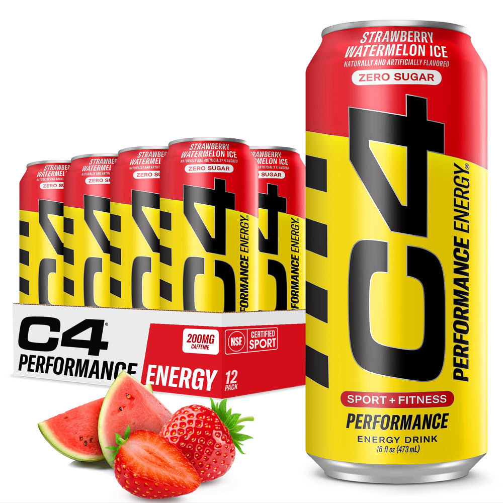 C4 Energy Strawberry Watermelon Ice can showcasing bold flavor and zero sugar option.