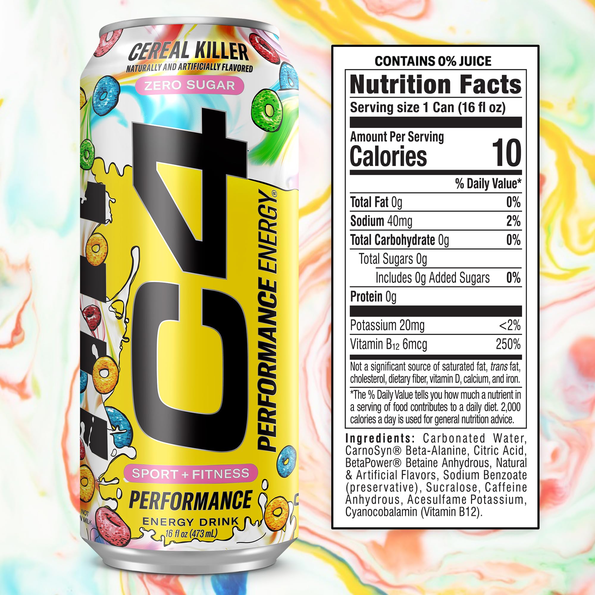 Close-up of C4 Energy Cereal Killer can label showing 200 mg caffeine for a quick boost.