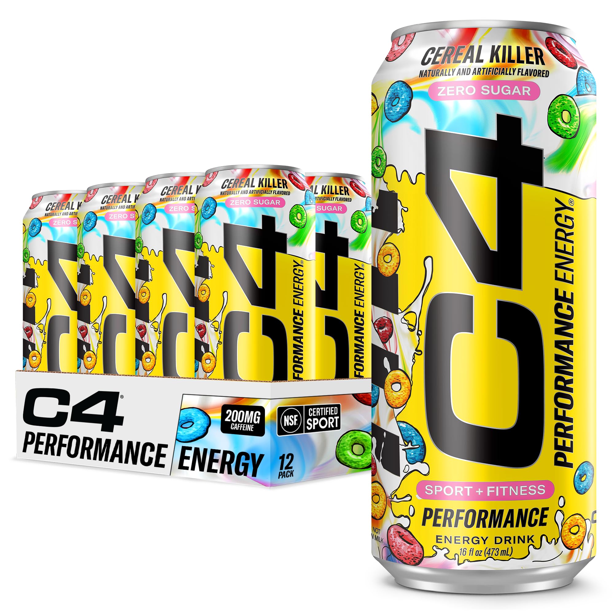 C4 Energy Cereal Killer can front view highlighting zero sugar and fruity cereal flavor.