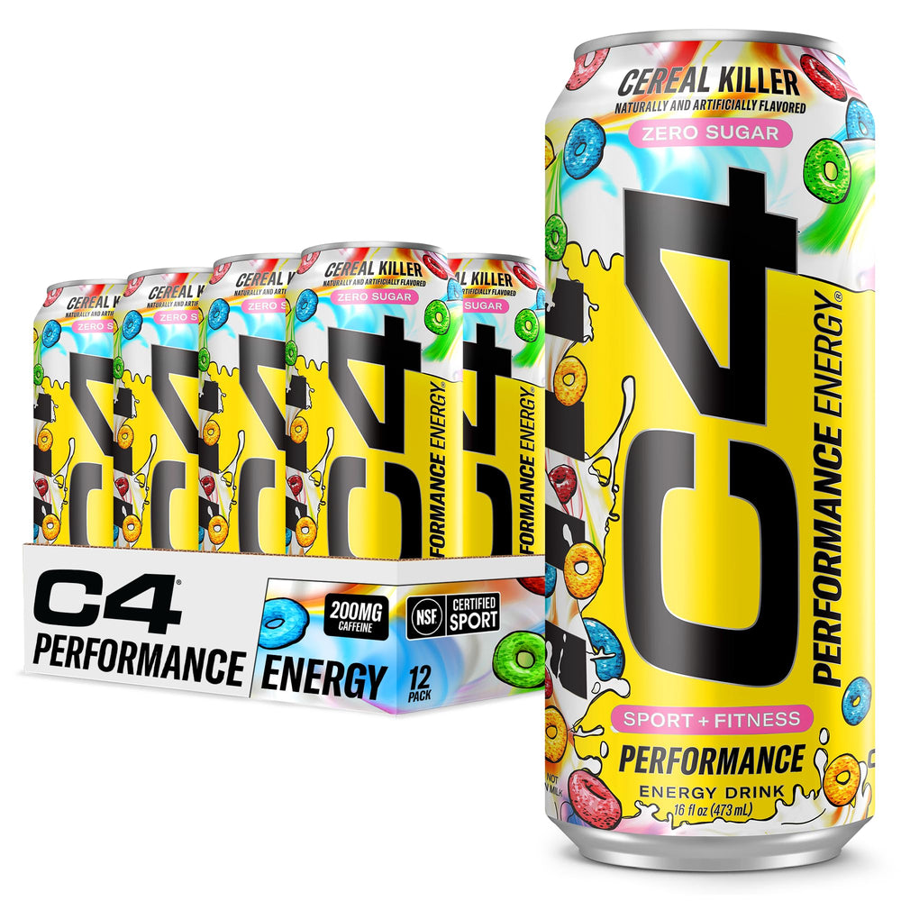 C4 Energy Cereal Killer can front view highlighting zero sugar and fruity cereal flavor.
