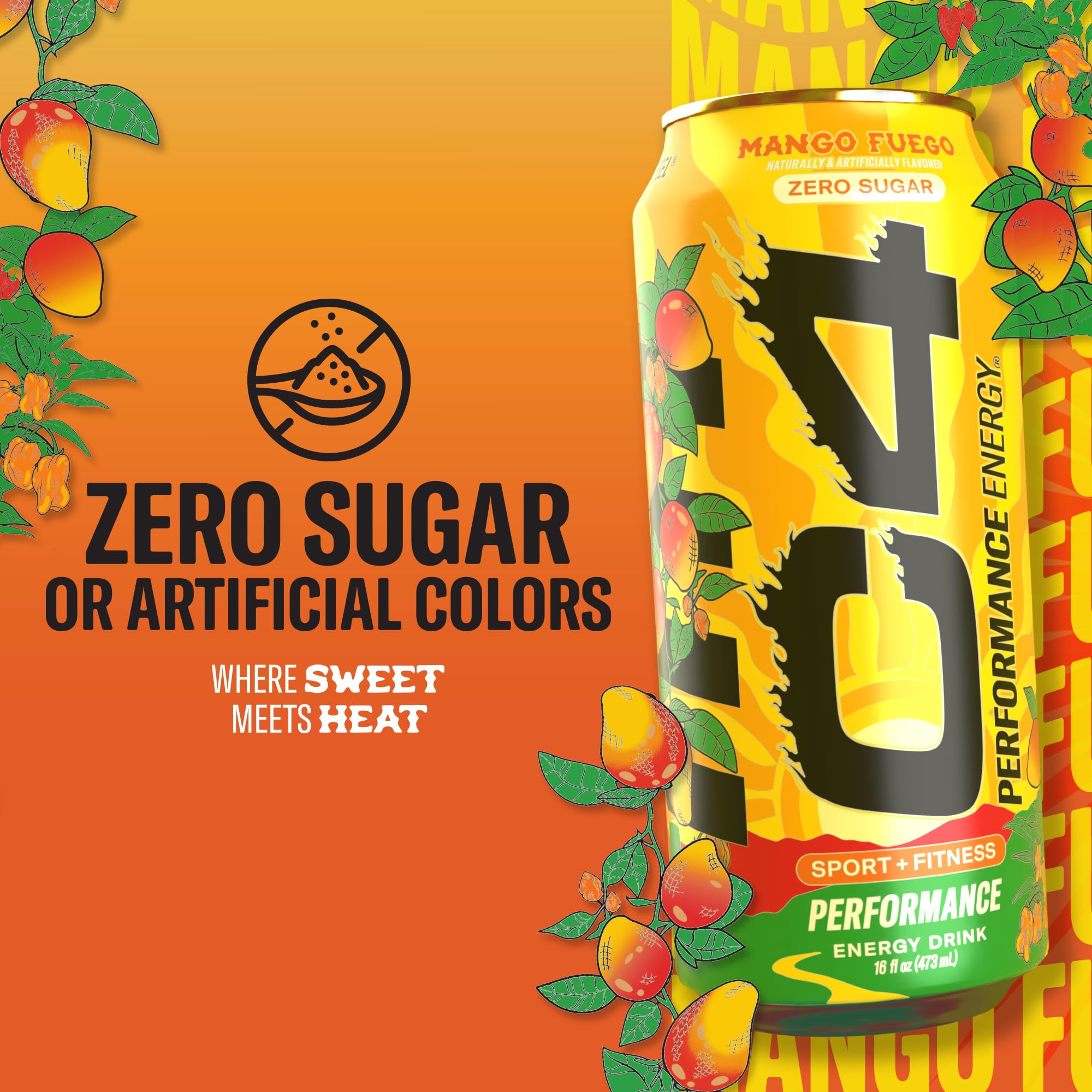 12-pack display of C4 Mango Fuego emphasizes value and ready-to-go energy for groups.