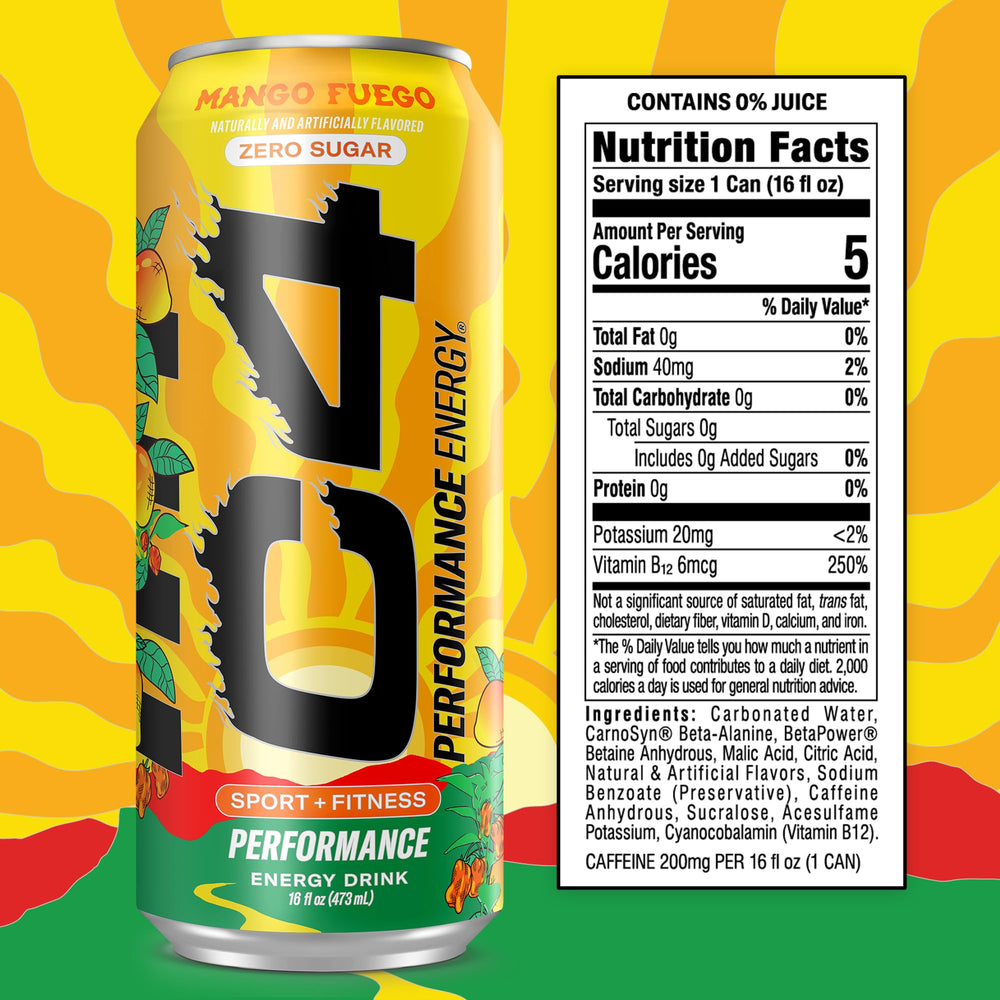 Chilled C4 Mango Fuego can delivers quick, sugar-free energy for high-intensity training.