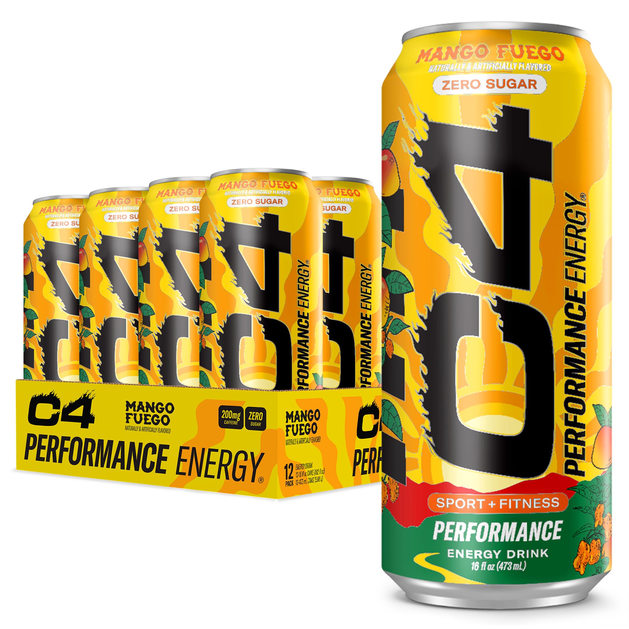 C4 Mango Fuego can being poured for a refreshing, zero sugar energy boost before workouts.