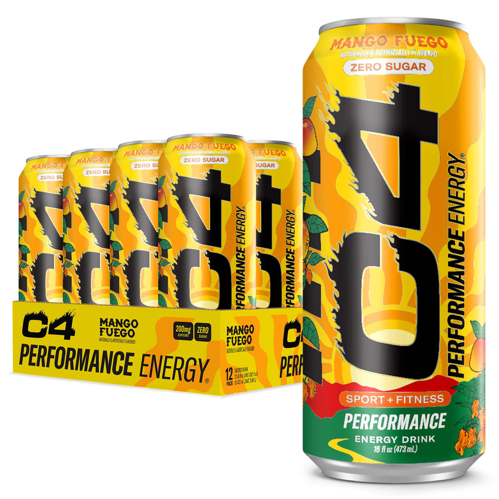 C4 Mango Fuego can being poured for a refreshing, zero sugar energy boost before workouts.