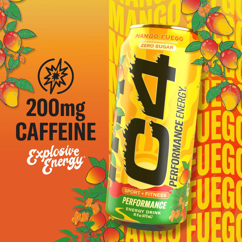 Sideview of C4 Mango Fuego can showing vibrant mango aroma and refreshing fizz.