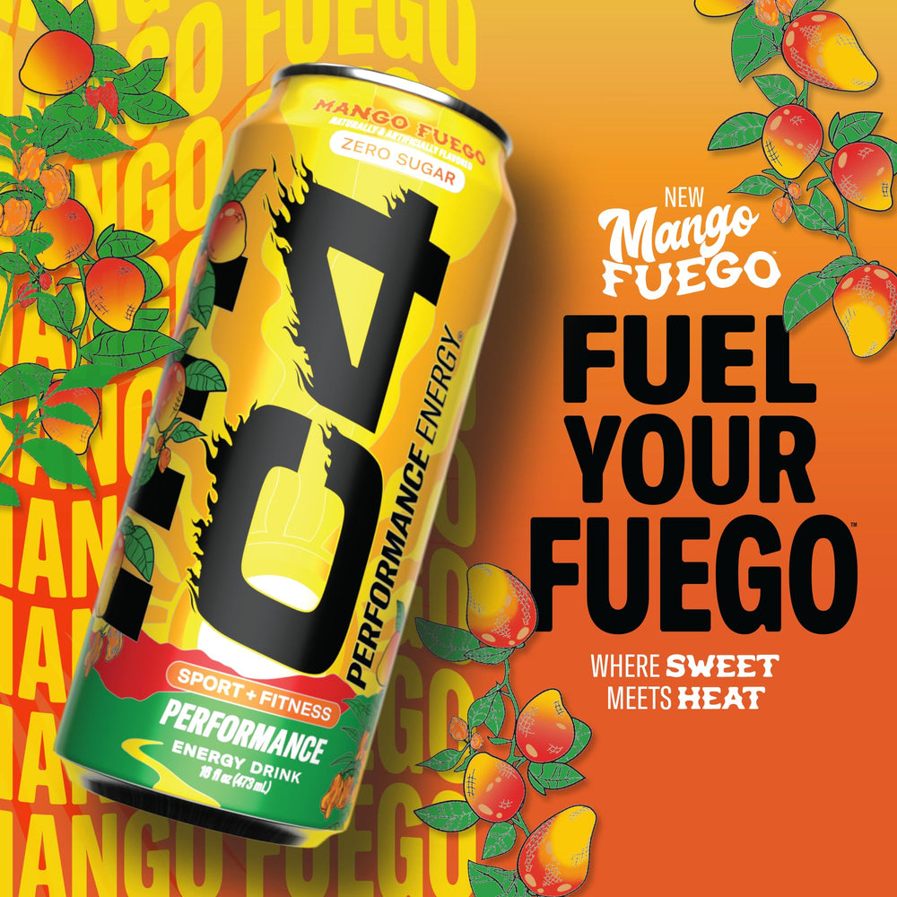 Carbonation bubbles rise in C4 Mango Fuego can signaling refreshing, zero-sugar energy.