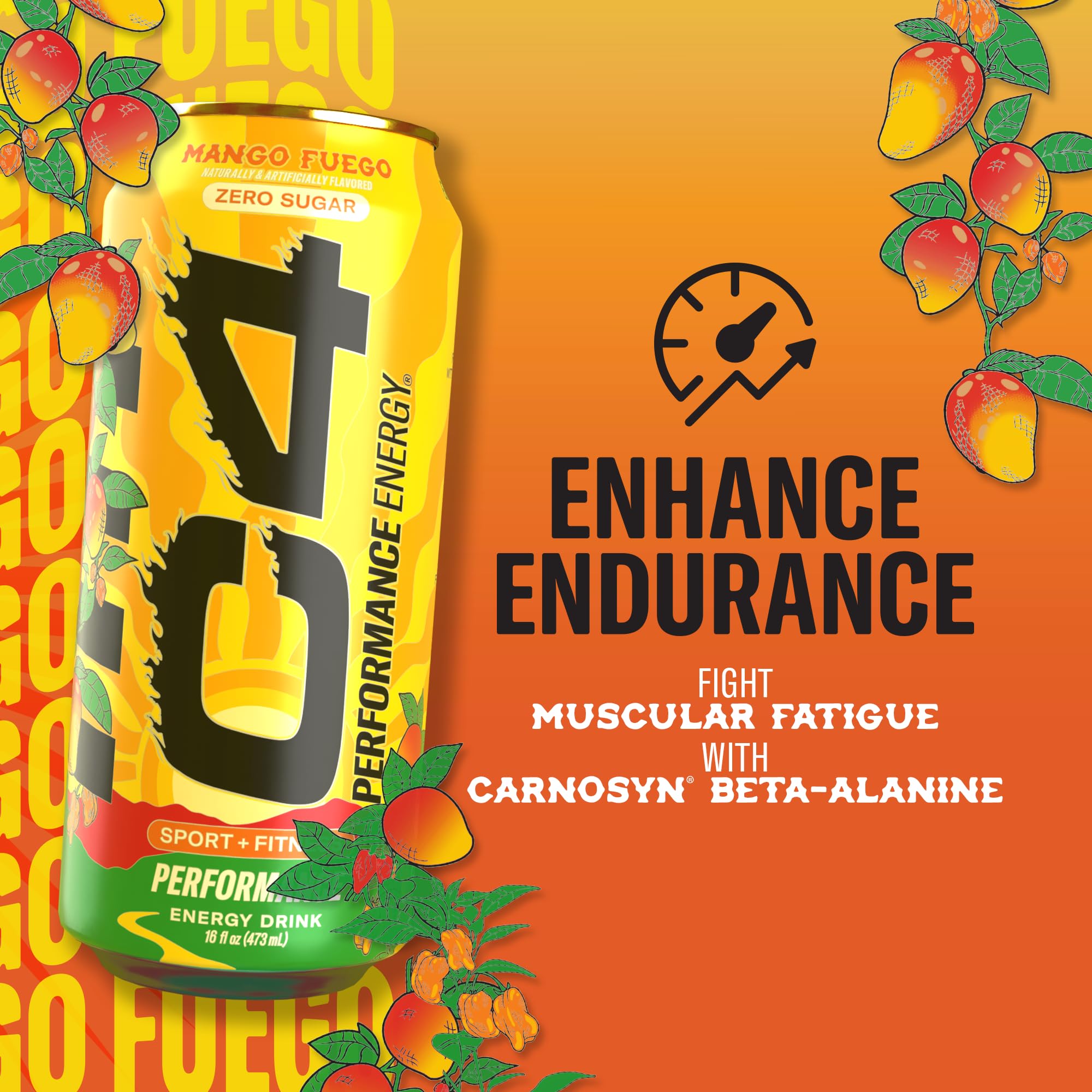 Close-up of C4 Mango Fuego label highlighting zero sugar and 200 mg caffeine.