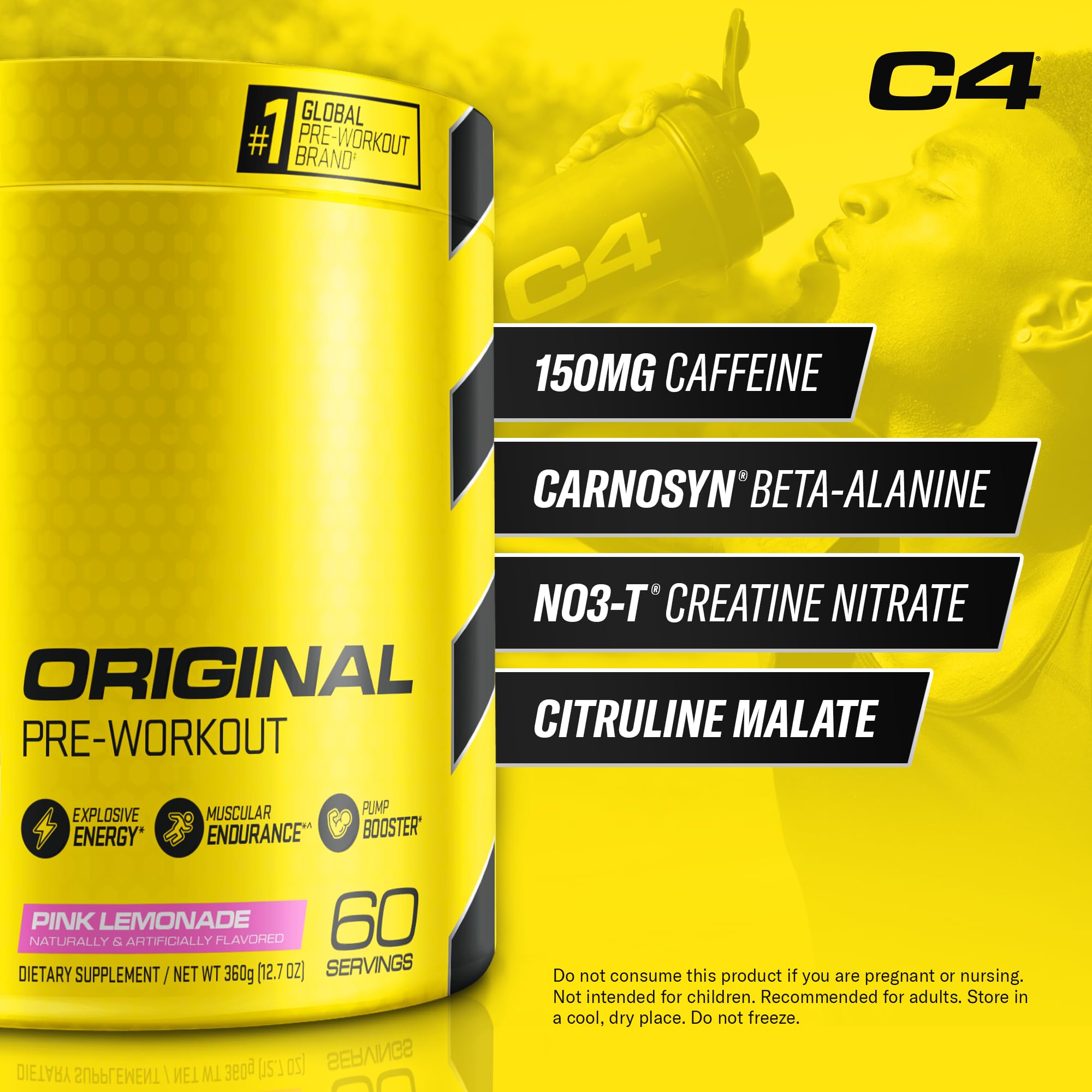 C4 Original Pink Lemonade powder being dispensed for instant pre-workout energy