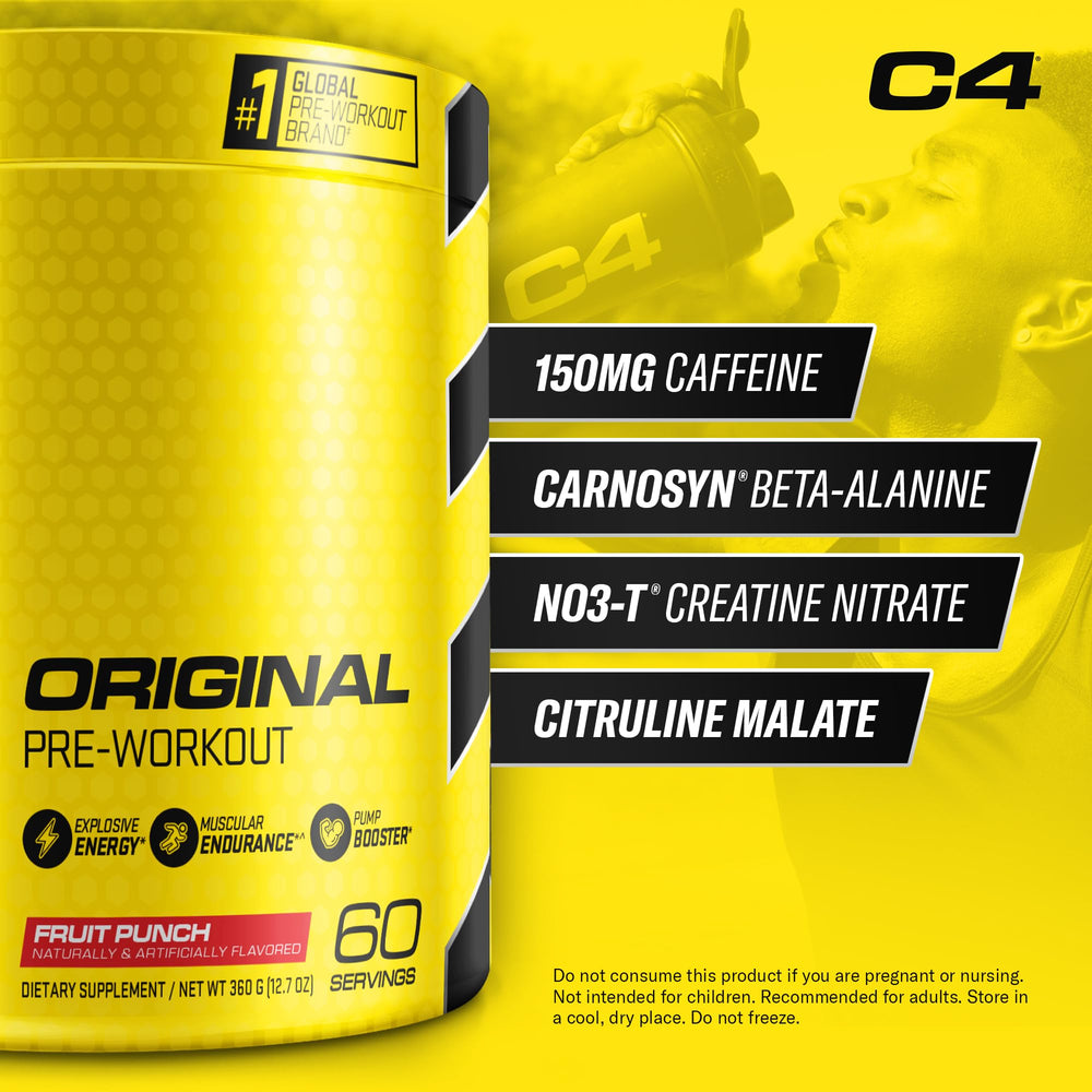 C4 Original Fruit Punch scoop shown for quick, sugar-free pre-workout mixes